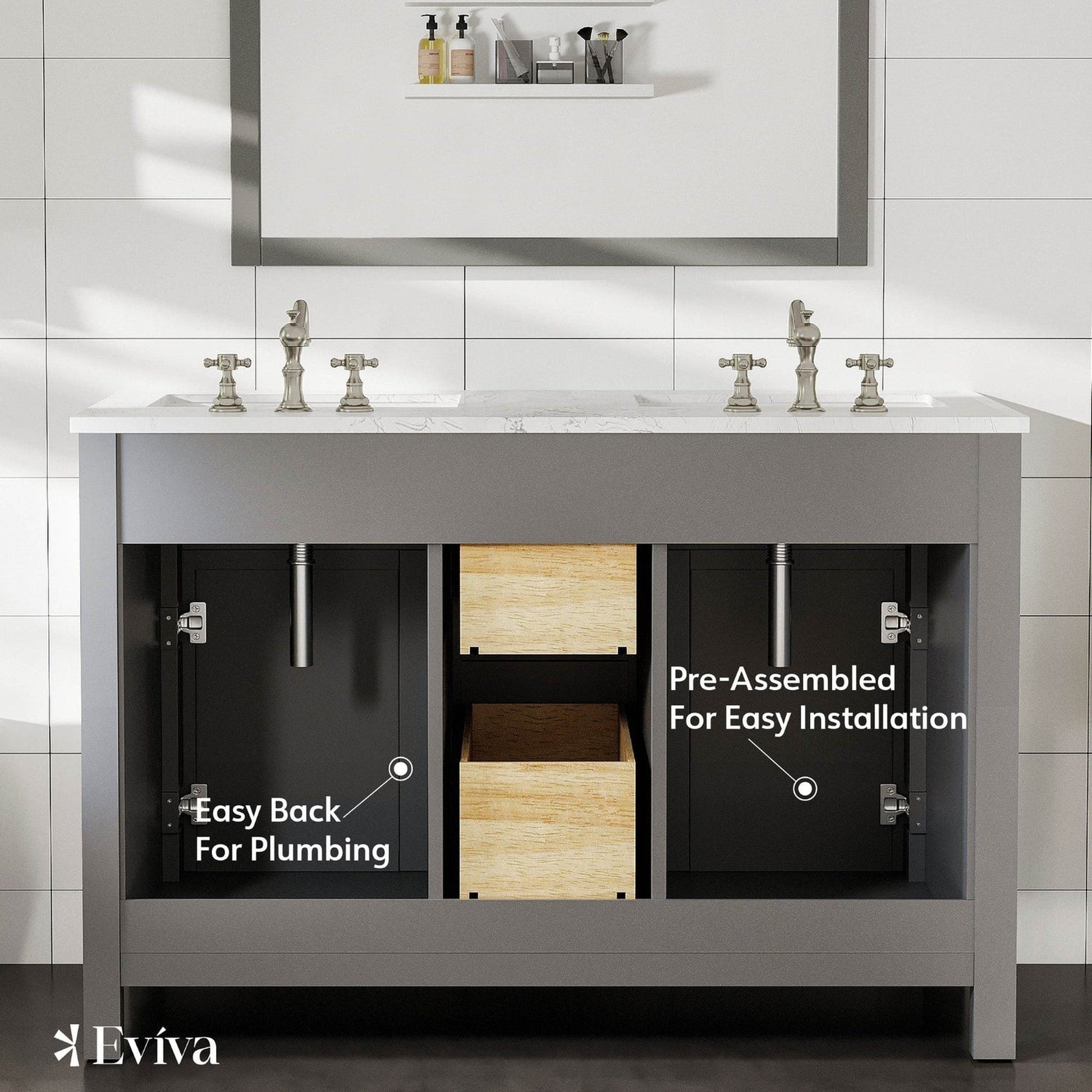 Eviva Totti Artemis 48" x 34" Gray Freestanding Bathroom Vanity With Carrara Style Man-made Stone Countertop and Double Undermount Sink