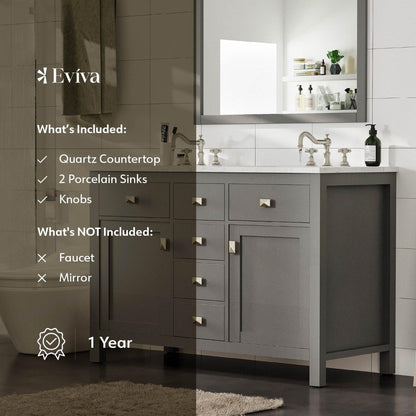 Eviva Totti Artemis 48" x 34" Gray Freestanding Bathroom Vanity With Carrara Style Man-made Stone Countertop and Double Undermount Sink