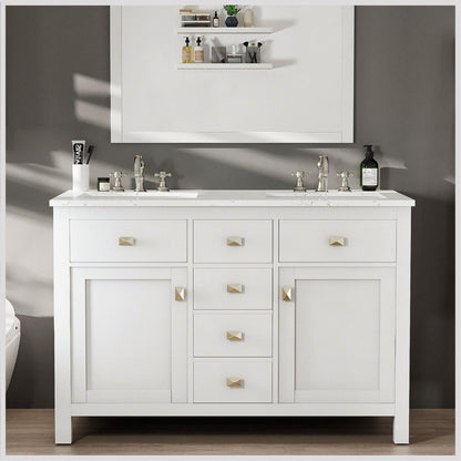 Eviva Totti Artemis 48" x 34" White Freestanding Bathroom Vanity With Carrara Style Man-made Stone Countertop and Double Undermount Sink