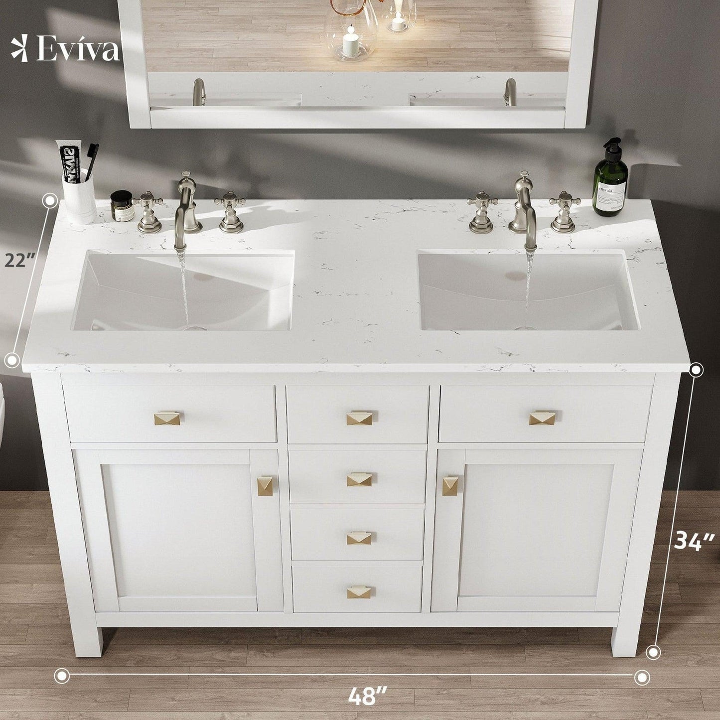 Eviva Totti Artemis 48" x 34" White Freestanding Bathroom Vanity With Carrara Style Man-made Stone Countertop and Double Undermount Sink