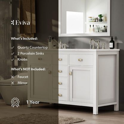 Eviva Totti Artemis 48" x 34" White Freestanding Bathroom Vanity With Carrara Style Man-made Stone Countertop and Double Undermount Sink