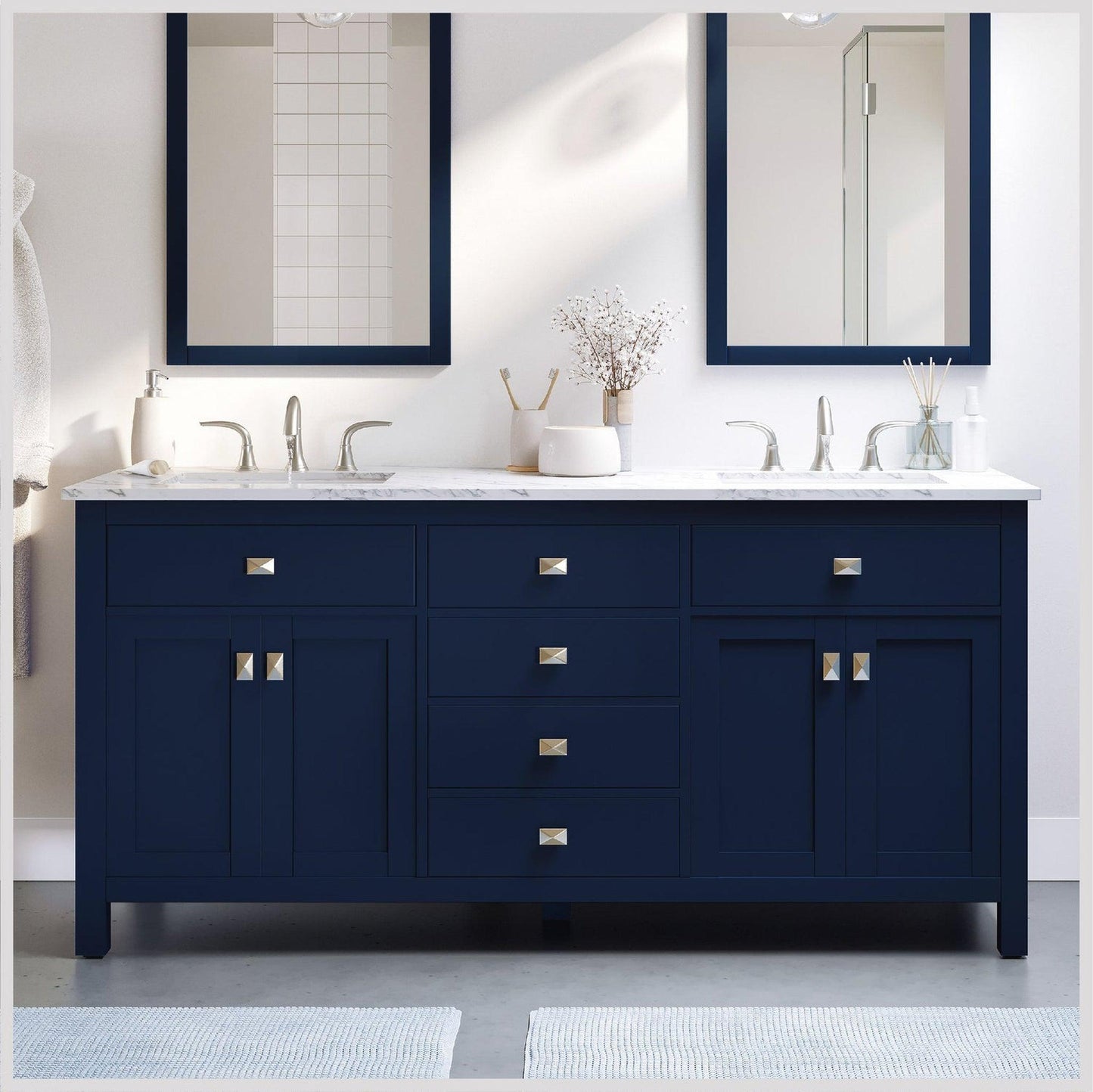 Eviva Totti Artemis 60" x 34" Blue Freestanding Bathroom Vanity With Carrara Style Man-made Stone Countertop and Double Undermount Sink