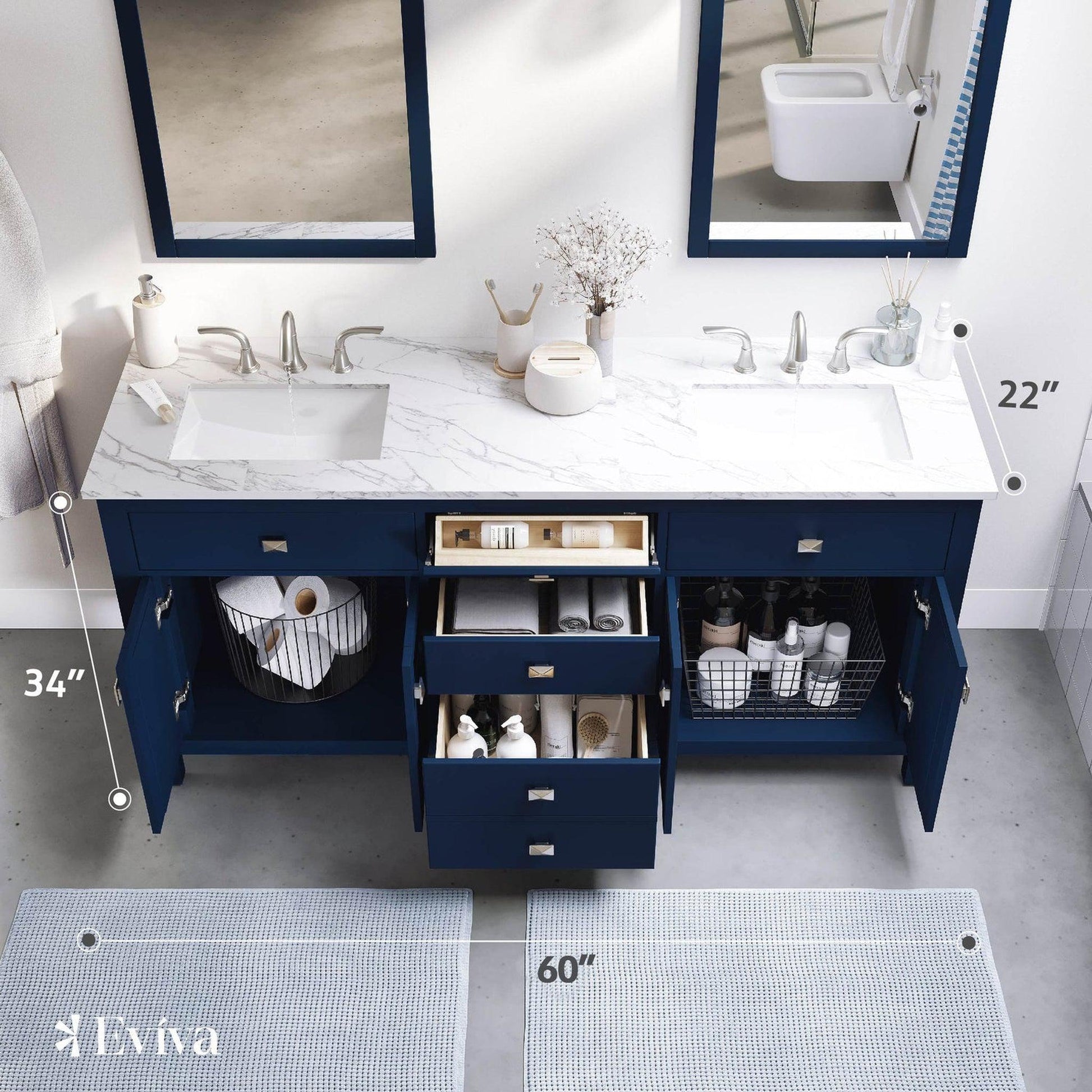 Eviva Totti Artemis 60" x 34" Blue Freestanding Bathroom Vanity With Carrara Style Man-made Stone Countertop and Double Undermount Sink