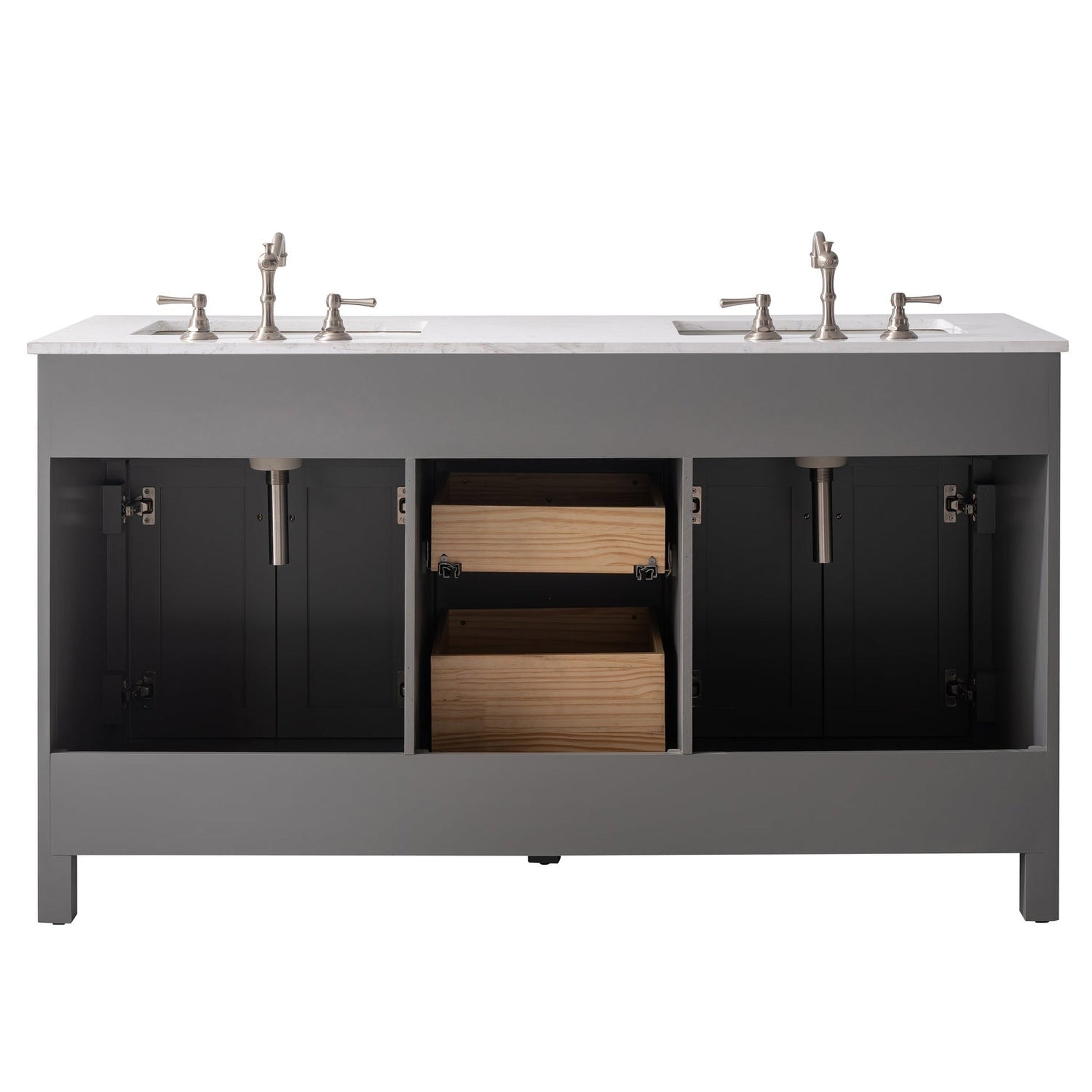 Eviva Totti Artemis 60" x 34" Gray Freestanding Bathroom Vanity With Carrara Style Man-made Stone Countertop and Double Undermount Sink