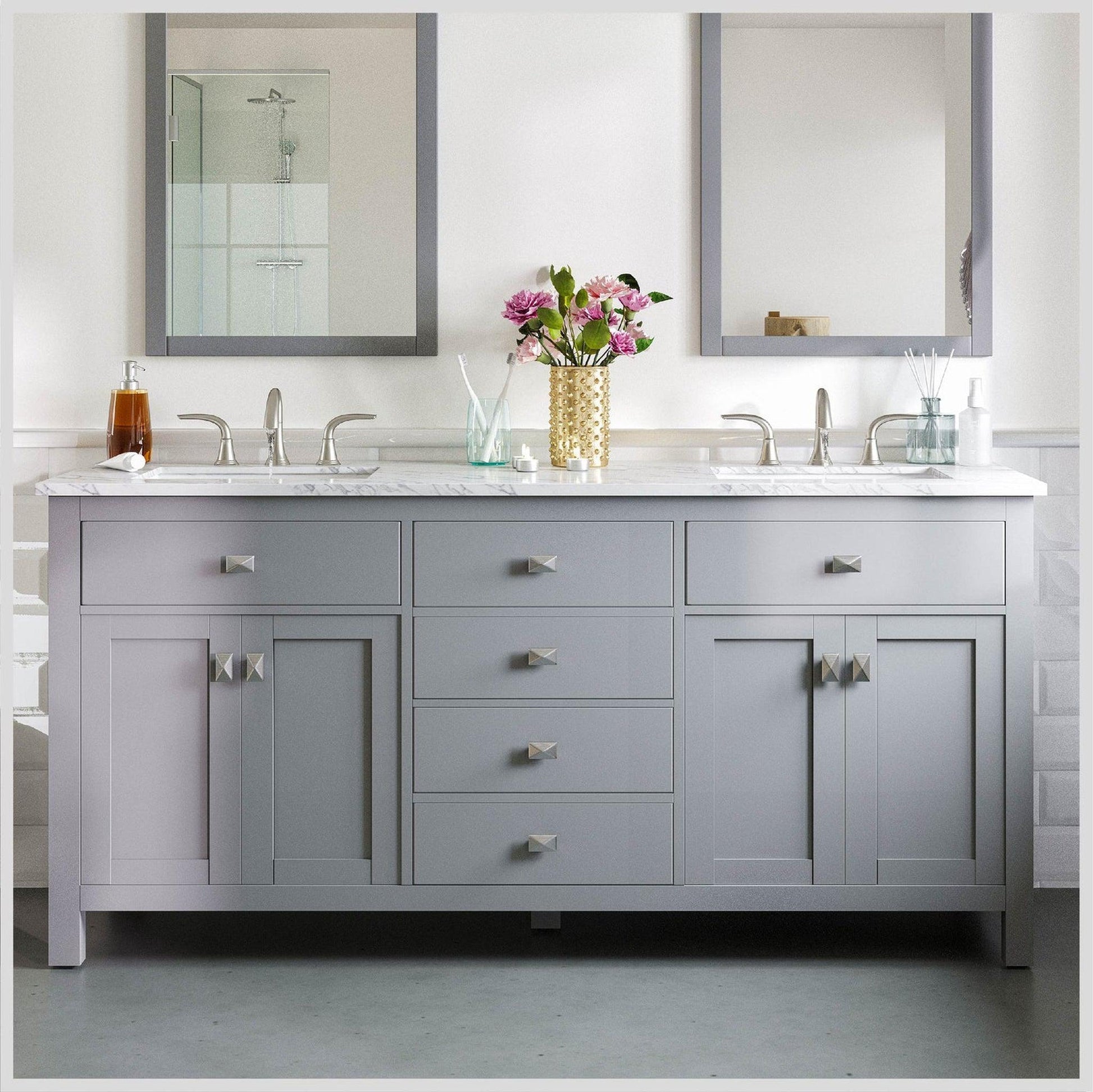 Eviva Totti Artemis 60" x 34" Gray Freestanding Bathroom Vanity With Carrara Style Man-made Stone Countertop and Double Undermount Sink