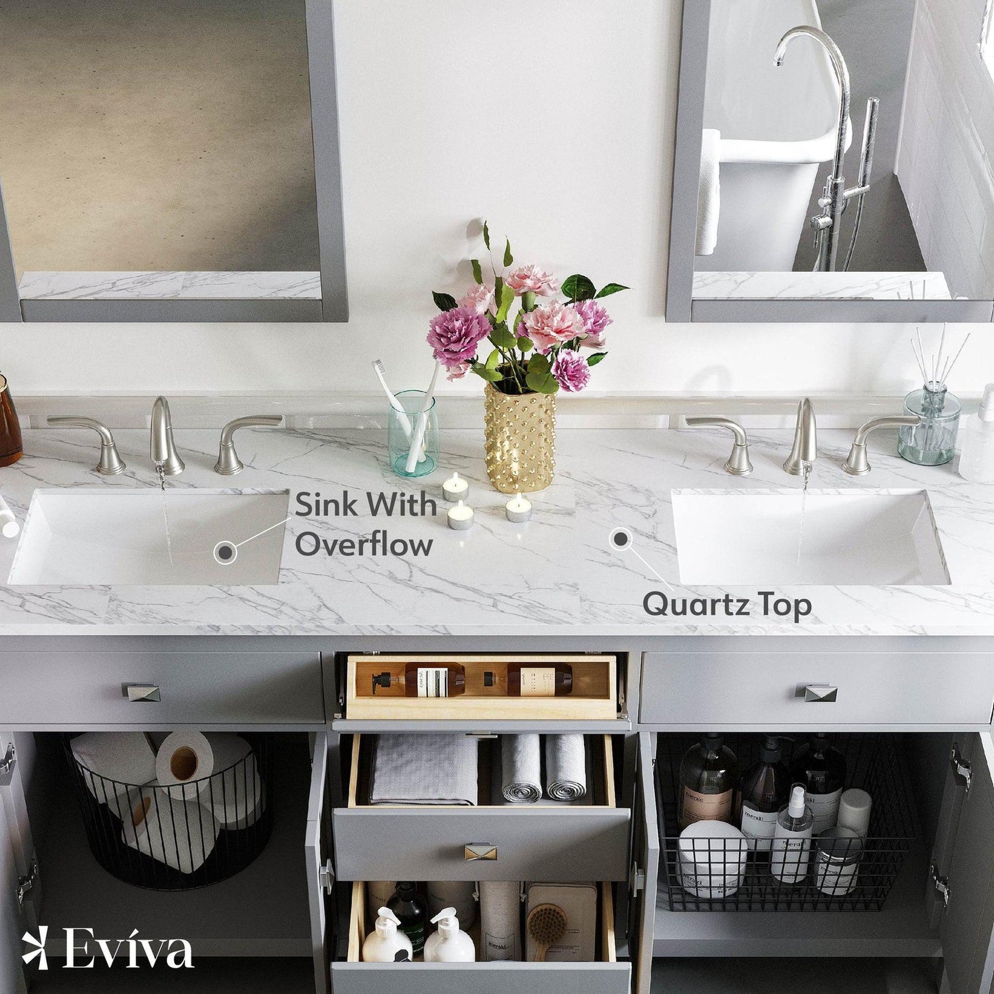 Eviva Totti Artemis 60" x 34" Gray Freestanding Bathroom Vanity With Carrara Style Man-made Stone Countertop and Double Undermount Sink