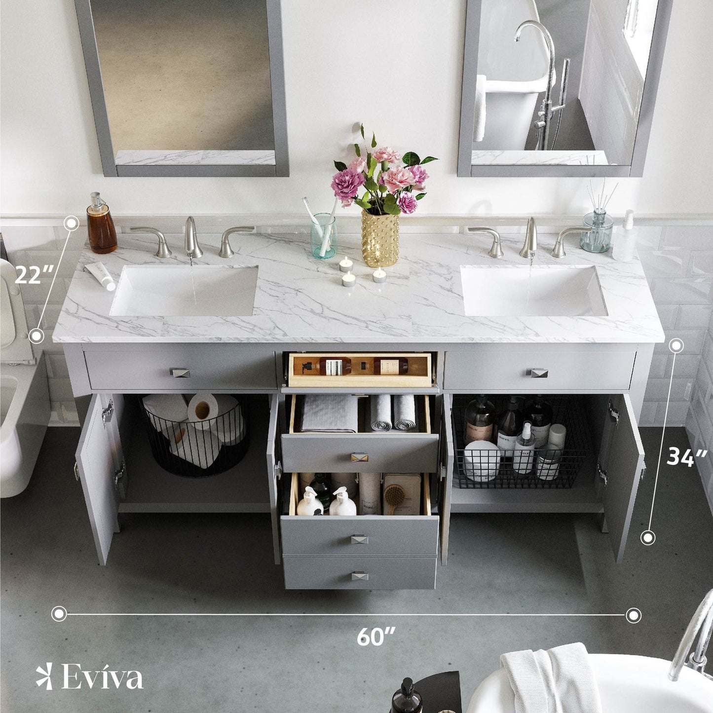 Eviva Totti Artemis 60" x 34" Gray Freestanding Bathroom Vanity With Carrara Style Man-made Stone Countertop and Double Undermount Sink