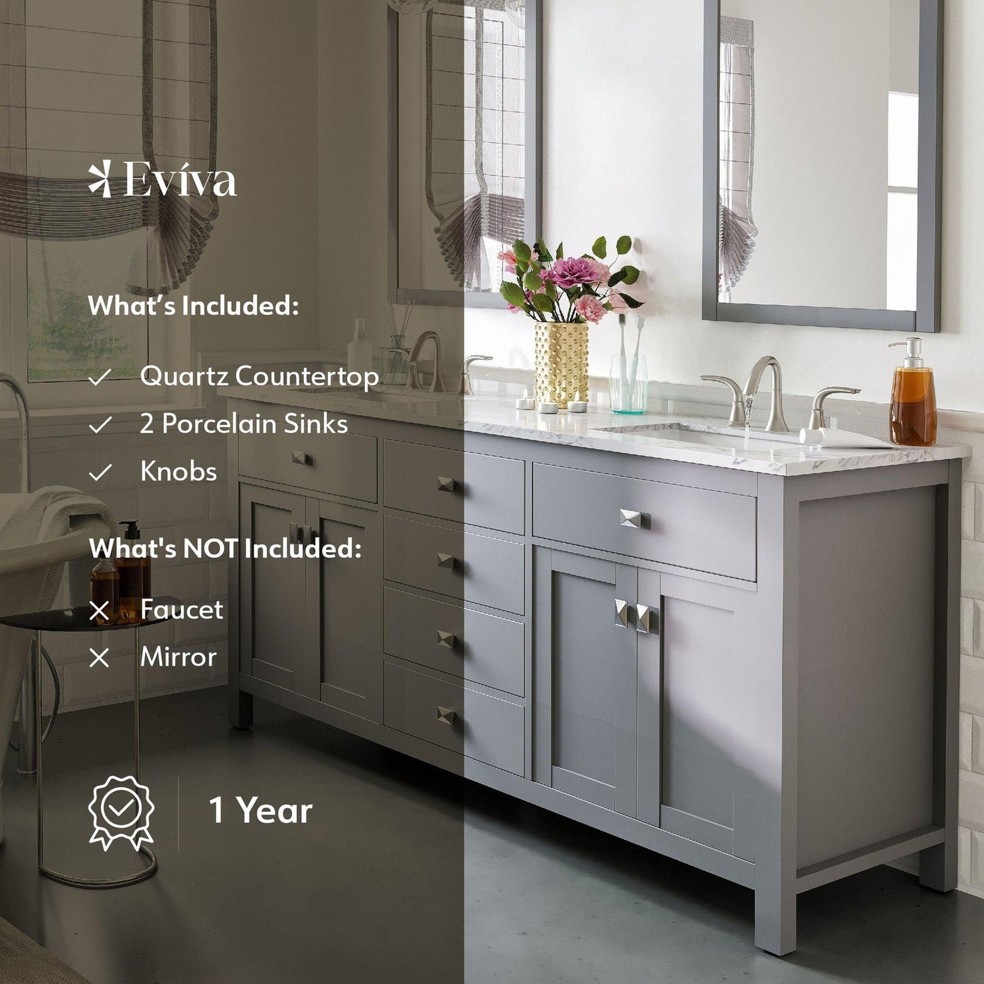 Eviva Totti Artemis 60" x 34" Gray Freestanding Bathroom Vanity With Carrara Style Man-made Stone Countertop and Double Undermount Sink