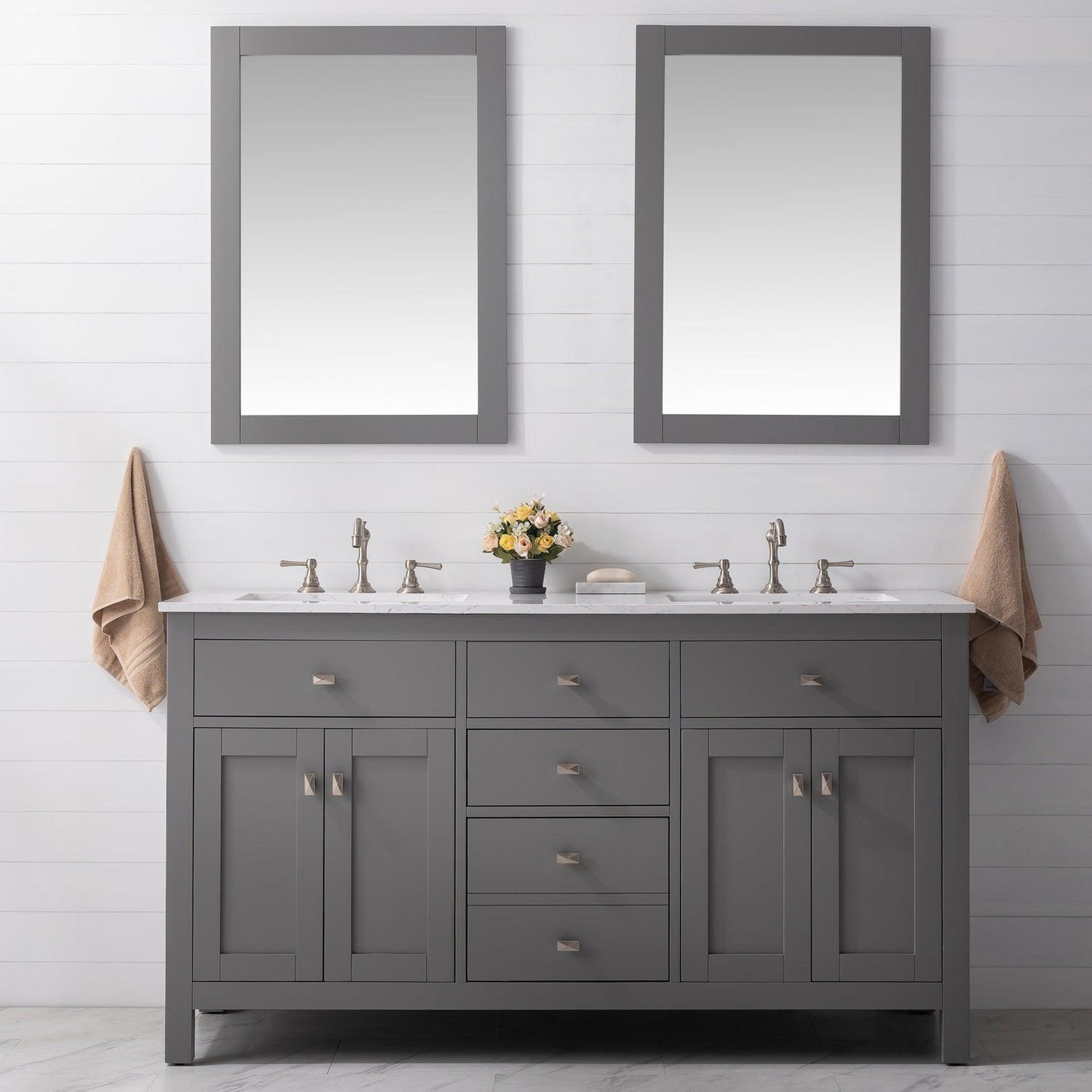 Eviva Totti Artemis 60" x 34" Gray Freestanding Bathroom Vanity With Carrara Style Man-made Stone Countertop and Double Undermount Sink