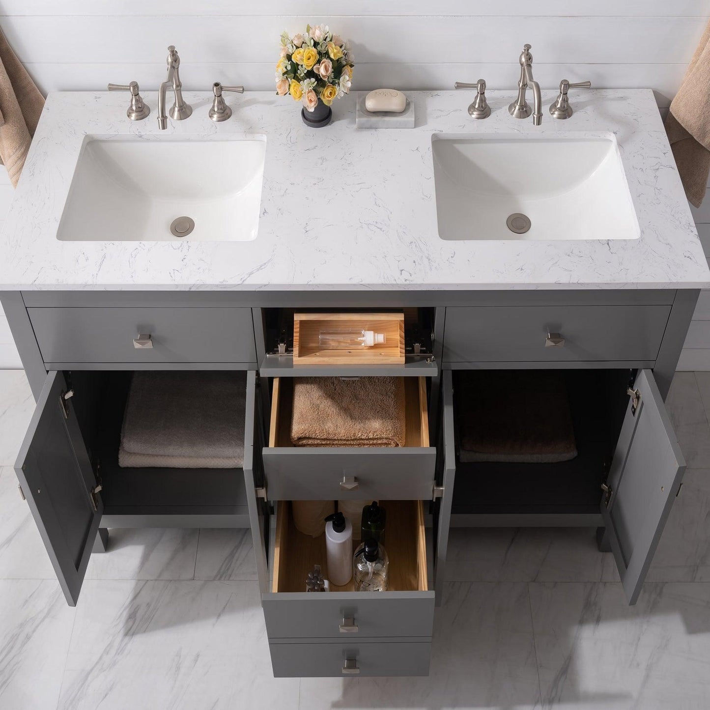 Eviva Totti Artemis 60" x 34" Gray Freestanding Bathroom Vanity With Carrara Style Man-made Stone Countertop and Double Undermount Sink