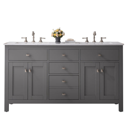 Eviva Totti Artemis 60" x 34" Gray Freestanding Bathroom Vanity With Carrara Style Man-made Stone Countertop and Double Undermount Sink