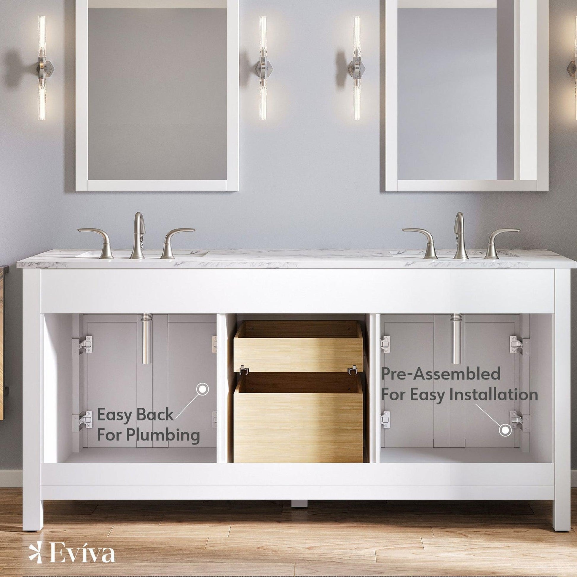 Eviva Totti Artemis 60" x 34" White Freestanding Bathroom Vanity With Carrara Style Man-made Stone Countertop and Double Undermount Sink