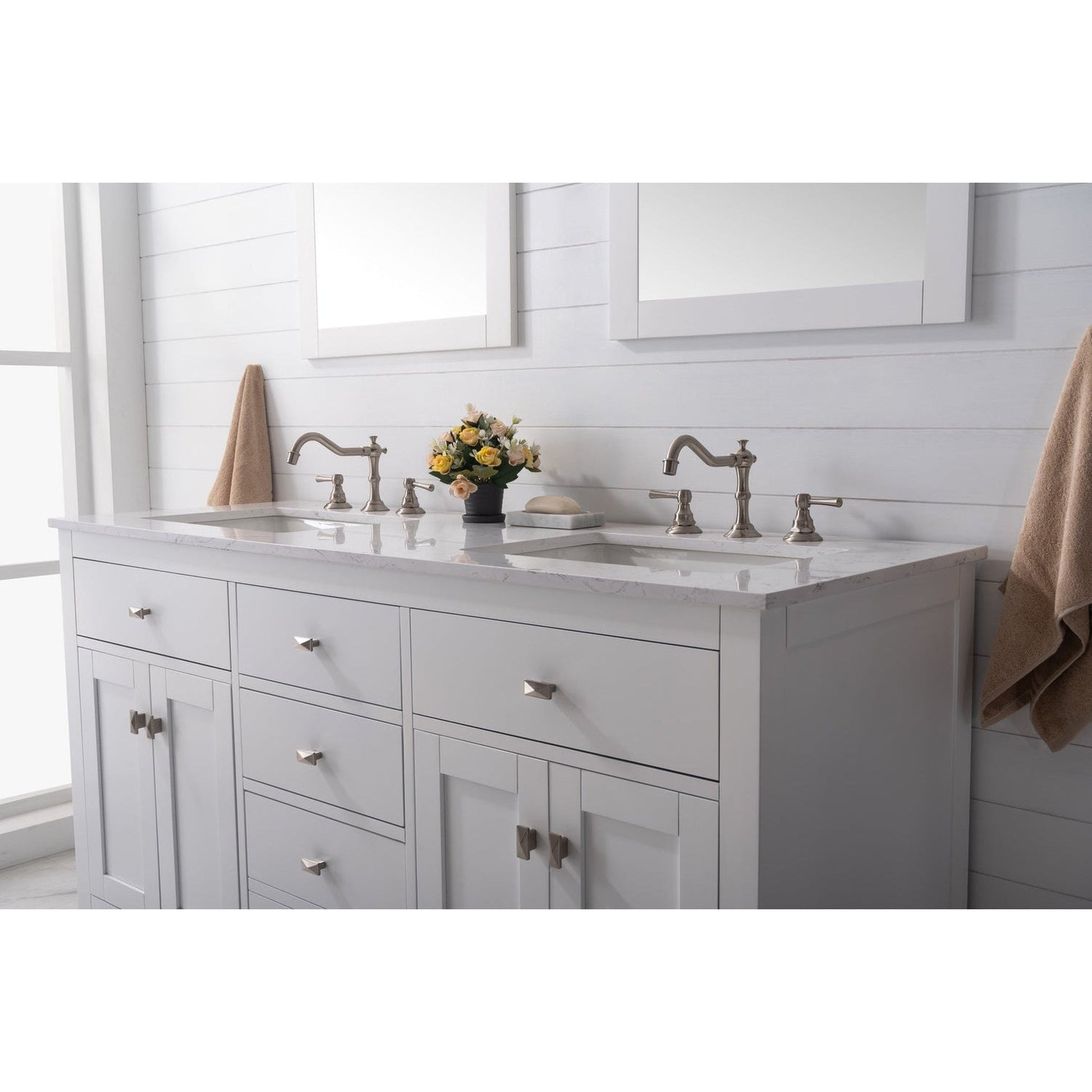 Eviva Totti Artemis 60" x 34" White Freestanding Bathroom Vanity With Carrara Style Man-made Stone Countertop and Double Undermount Sink