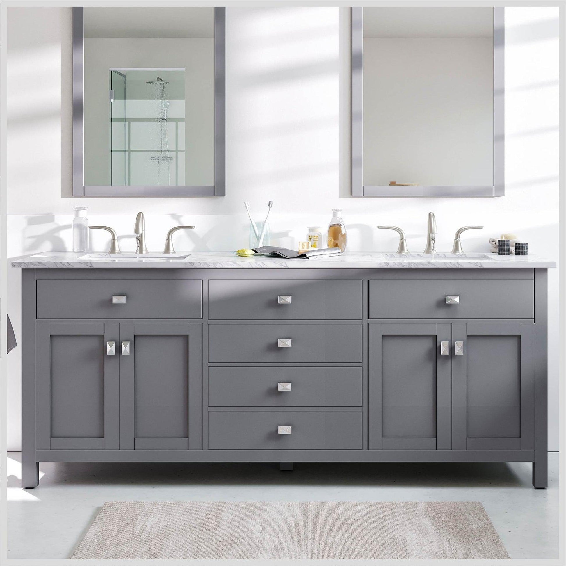 Eviva Totti Artemis 72" x 34" Gray Freestanding Bathroom Vanity With Carrara Style Man-made Stone Countertop and Double Undermount Sink