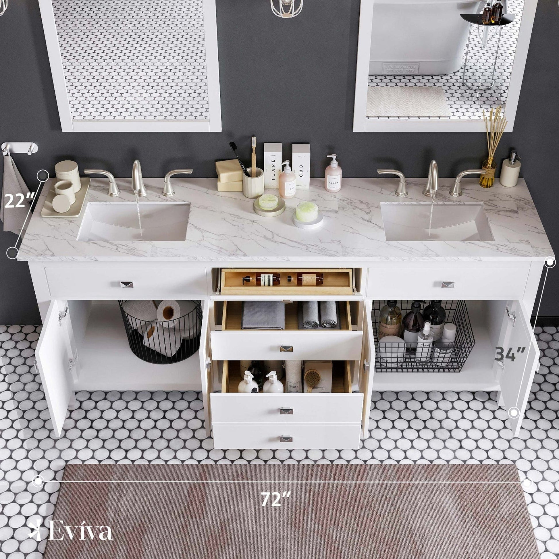 Eviva Totti Artemis 72" x 34" White Freestanding Bathroom Vanity With Carrara Style Man-made Stone Countertop and Double Undermount Sink