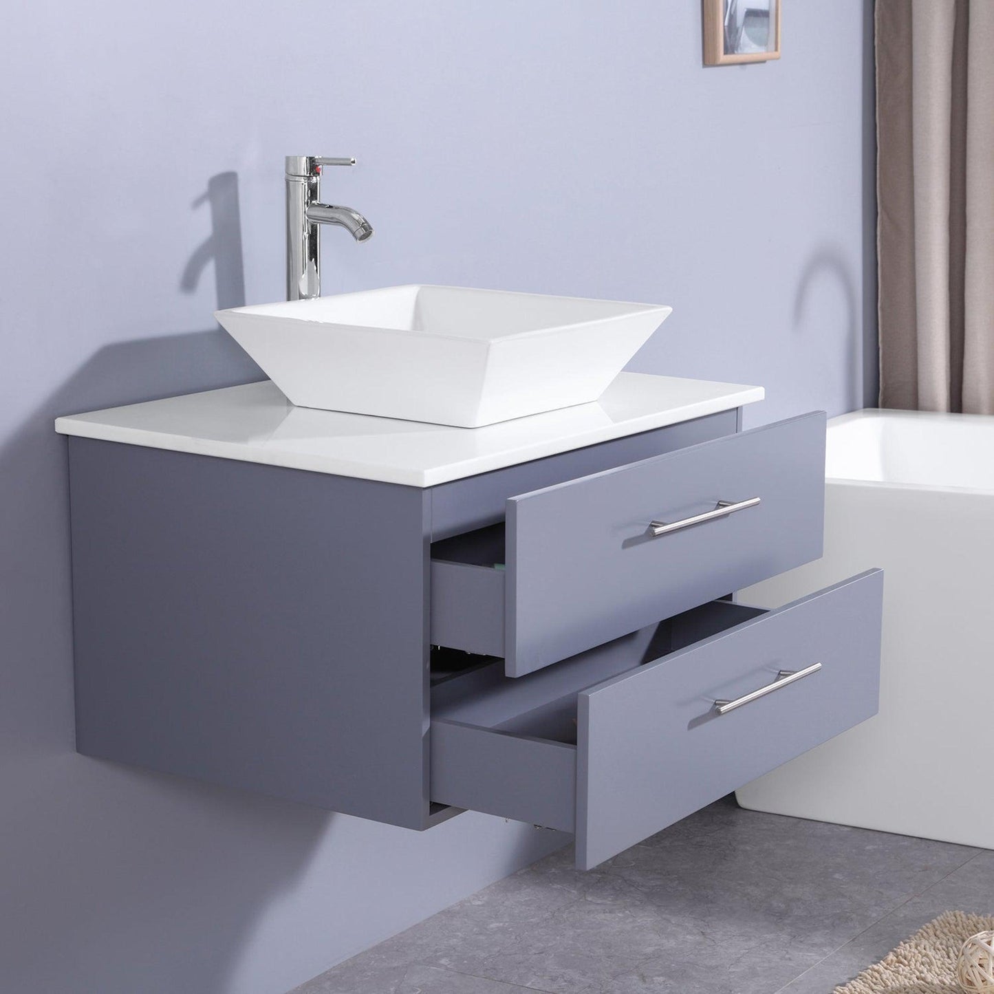 Eviva Totti Wave 24" x 16" Gray Wall-Mounted Bathroom Vanity With White Man-Made Stone Countertop and Single Porcelain Sink