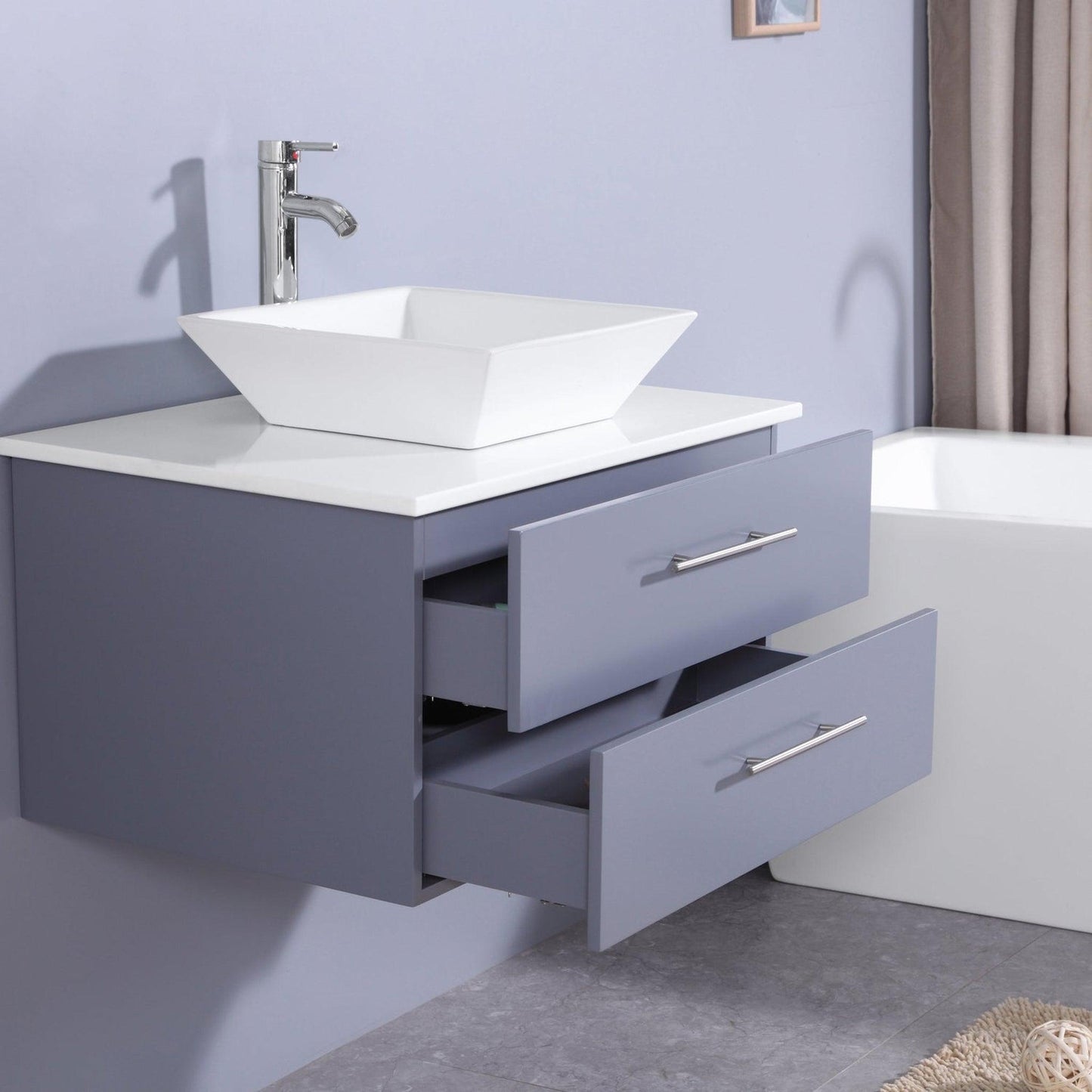 Eviva Totti Wave 30" x 16" Gray Wall-Mounted Bathroom Vanity With White Man-Made Stone Countertop and Single Porcelain Sink