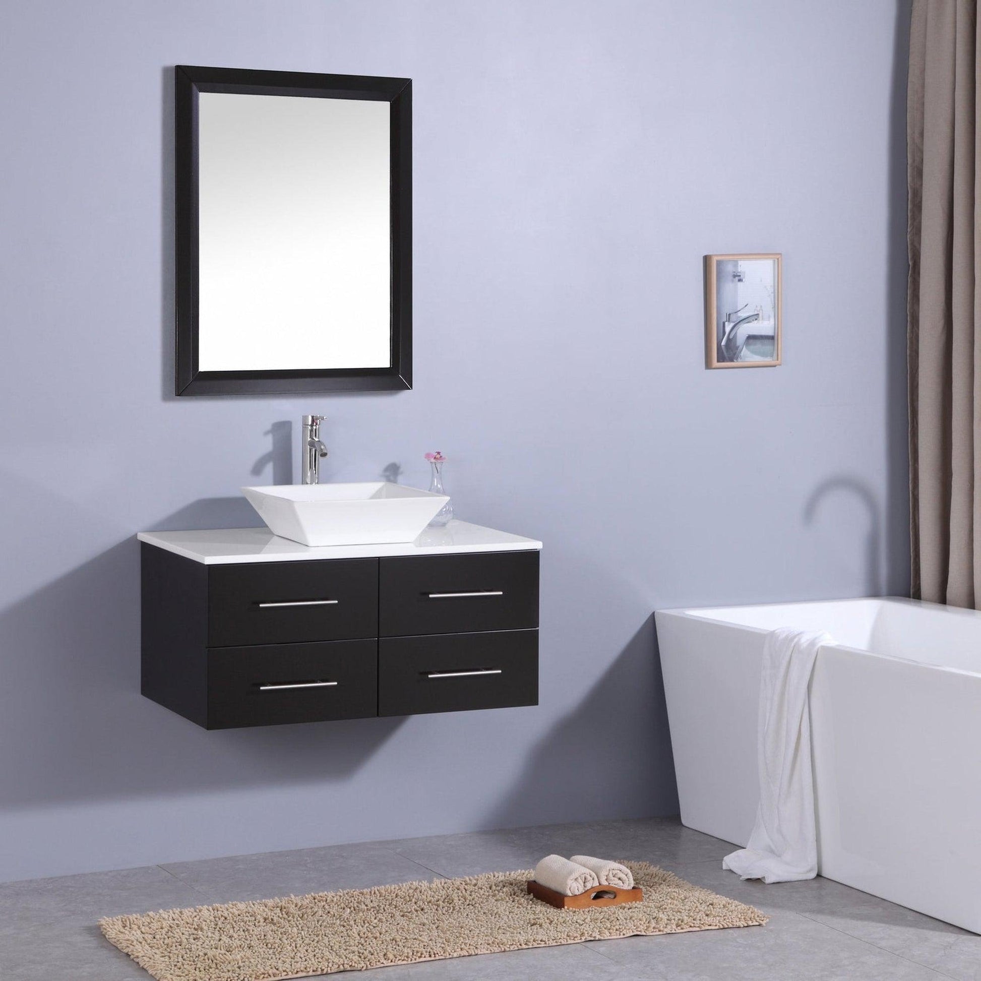 Eviva Totti Wave 36" x 16" Espresso Wall-Mounted Bathroom Vanity With White Man-Made Stone Countertop and Single Porcelain Sink