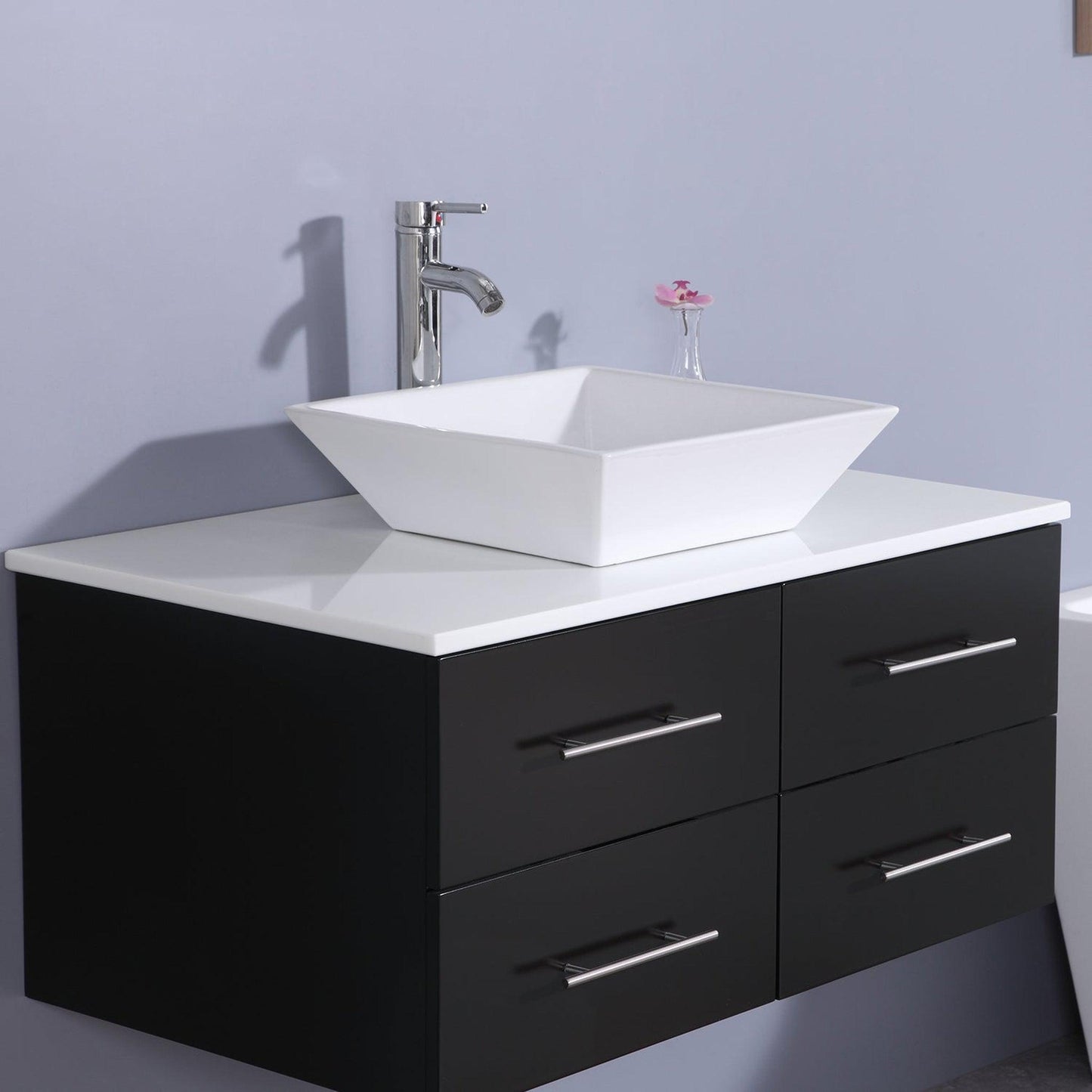 Eviva Totti Wave 36" x 16" Espresso Wall-Mounted Bathroom Vanity With White Man-Made Stone Countertop and Single Porcelain Sink