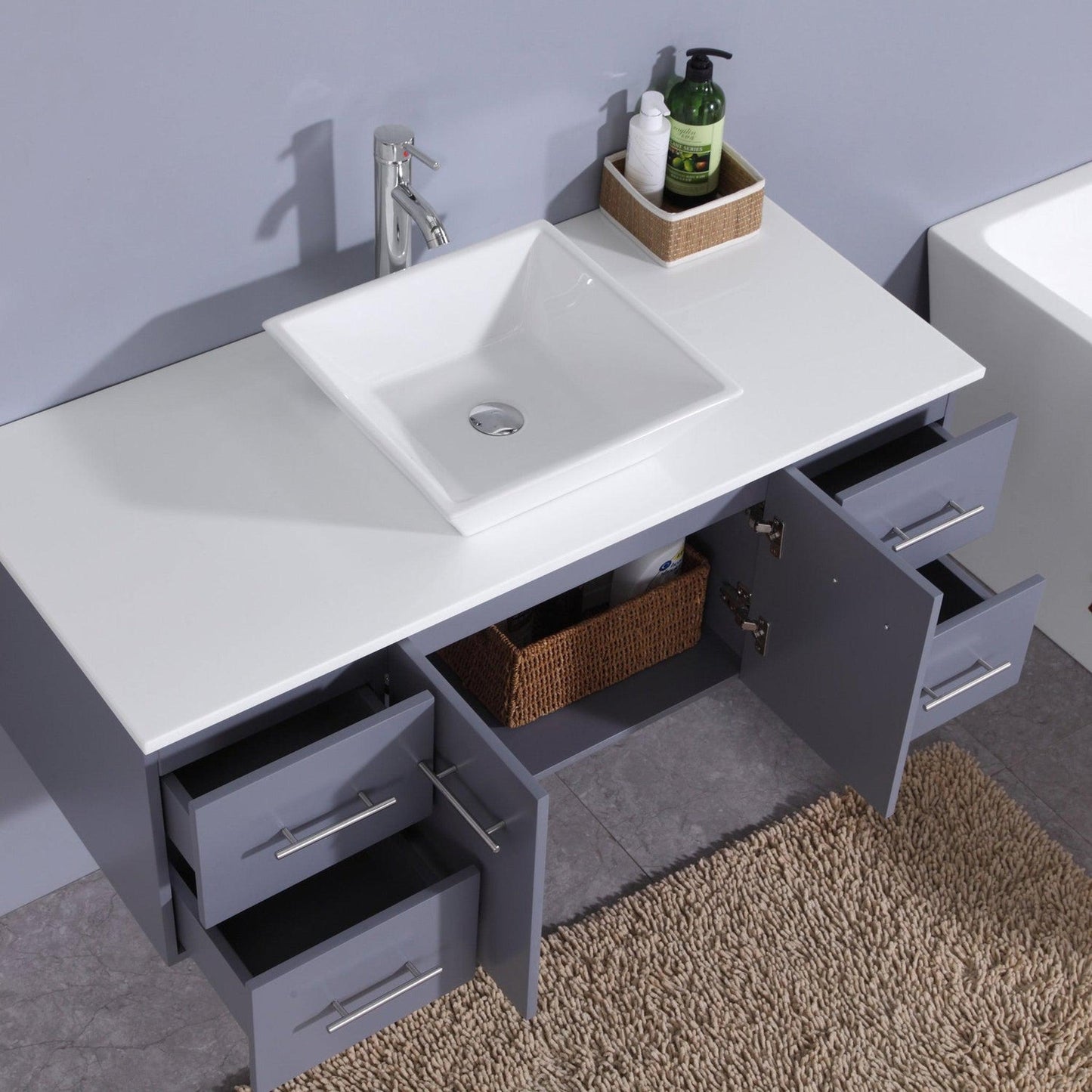 Eviva Totti Wave 48" x 16" Gray Wall-Mounted Bathroom Vanity With White Man-Made Stone Countertop and Single Porcelain Sink