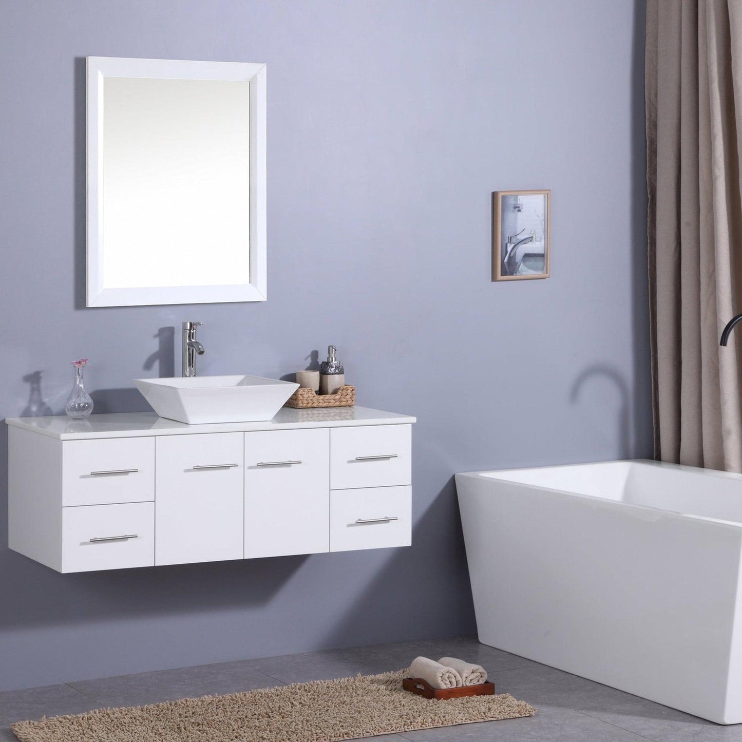 Eviva Totti Wave 48" x 16" White Wall-Mounted Bathroom Vanity With White Man-Made Stone Countertop and Single Porcelain Sink