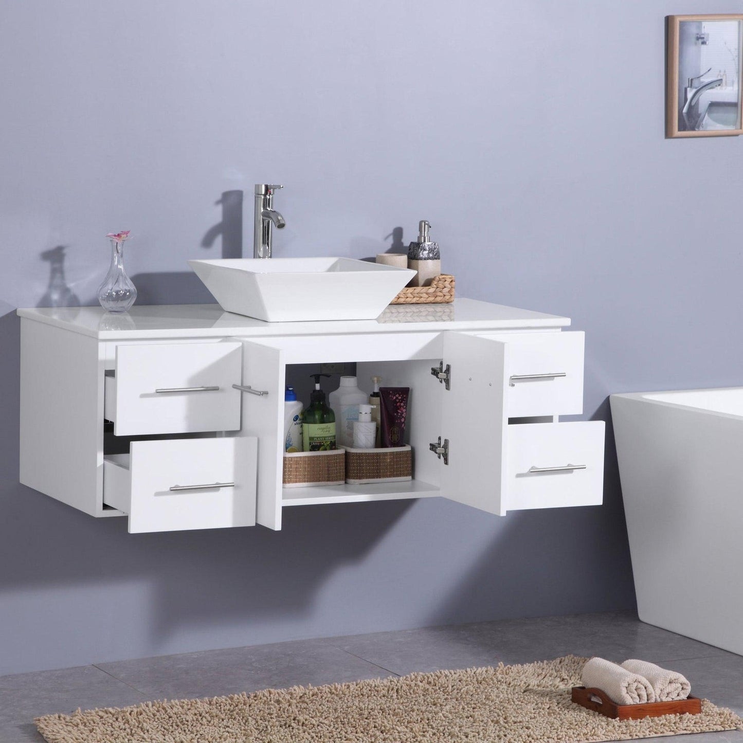 Eviva Totti Wave 48" x 16" White Wall-Mounted Bathroom Vanity With White Man-Made Stone Countertop and Single Porcelain Sink