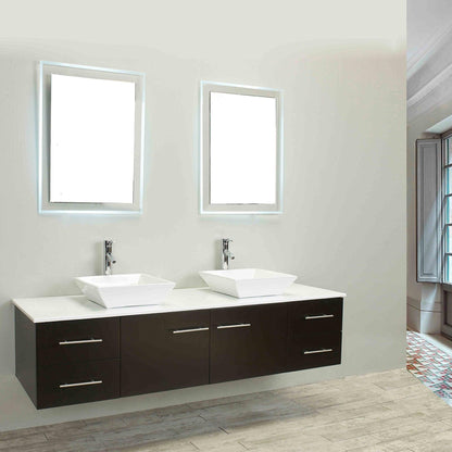 Eviva Totti Wave 60" x 16" Espresso Wall-Mounted Bathroom Vanity With White Man-Made Stone Countertop and Double Porcelain Sink