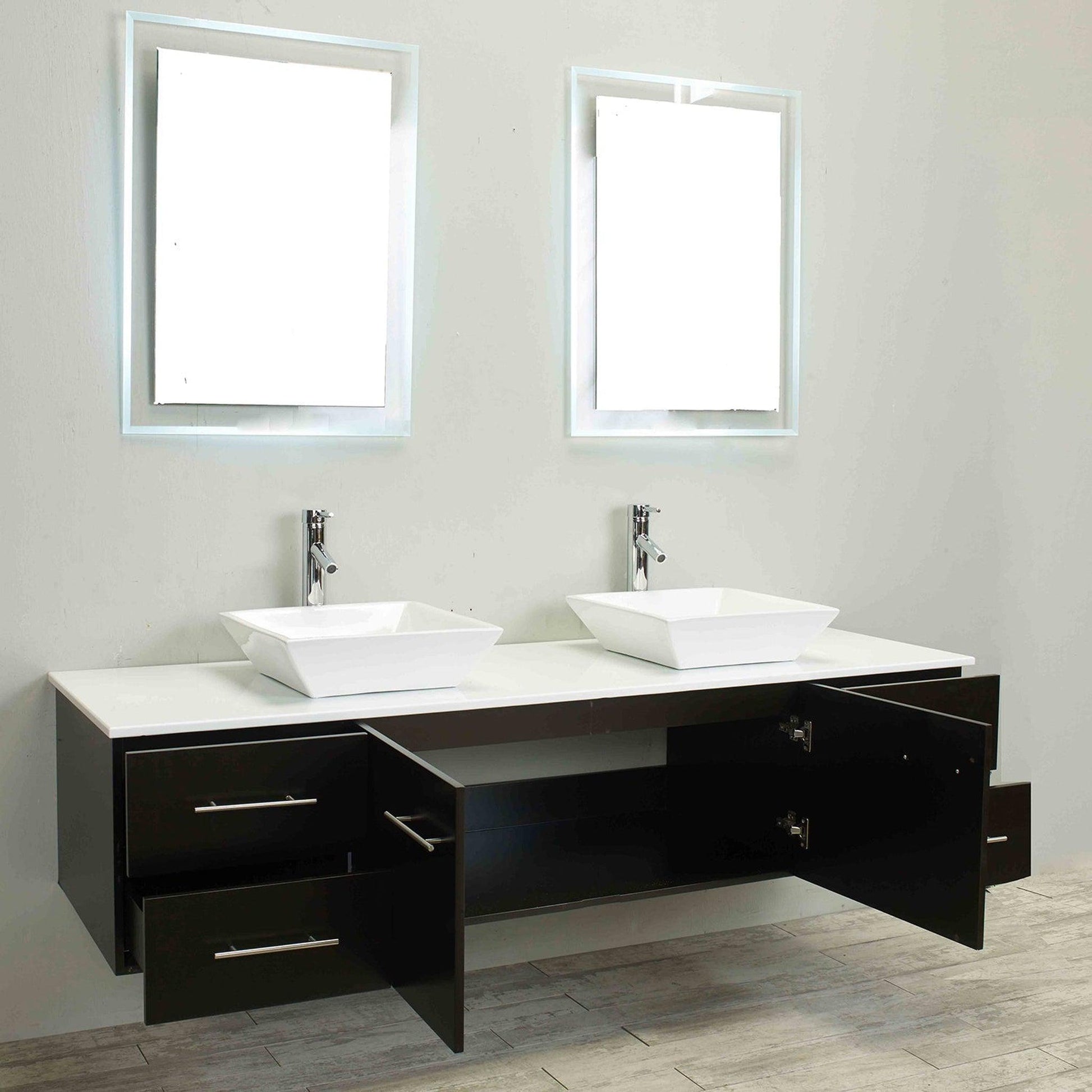 Eviva Totti Wave 60" x 16" Espresso Wall-Mounted Bathroom Vanity With White Man-Made Stone Countertop and Double Porcelain Sink