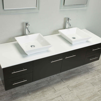 Eviva Totti Wave 60" x 16" Espresso Wall-Mounted Bathroom Vanity With White Man-Made Stone Countertop and Double Porcelain Sink