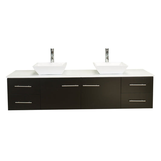 Eviva Totti Wave 60" x 16" Espresso Wall-Mounted Bathroom Vanity With White Man-Made Stone Countertop and Double Porcelain Sink