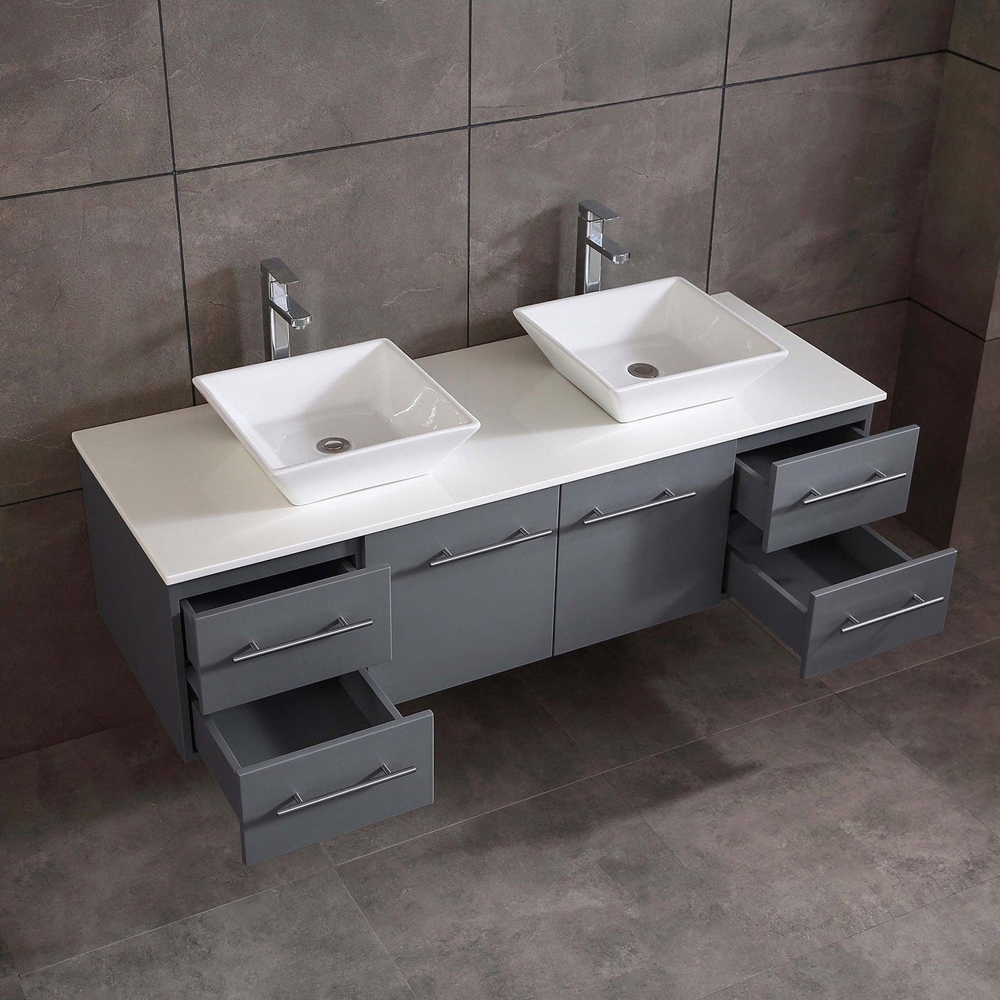 Eviva Totti Wave 60" x 16" Gray Wall-Mounted Bathroom Vanity With White Man-Made Stone Countertop and Porcelain Vessel Sink