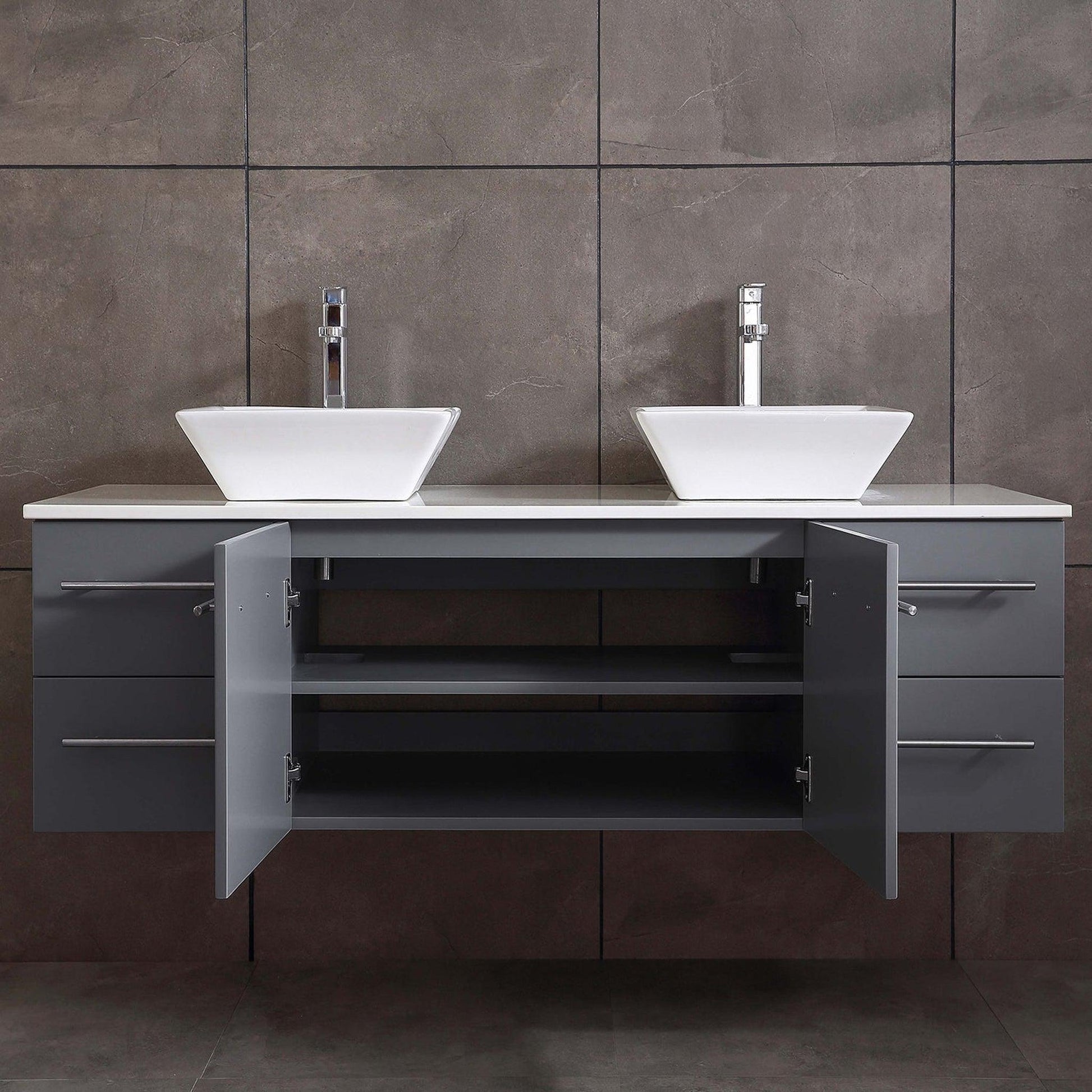 Eviva Totti Wave 60" x 16" Gray Wall-Mounted Bathroom Vanity With White Man-Made Stone Countertop and Porcelain Vessel Sink