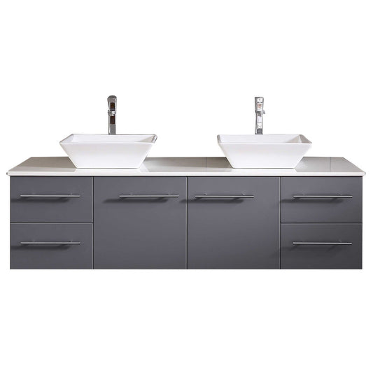 Eviva Totti Wave 60" x 16" Gray Wall-Mounted Bathroom Vanity With White Man-Made Stone Countertop and Porcelain Vessel Sink