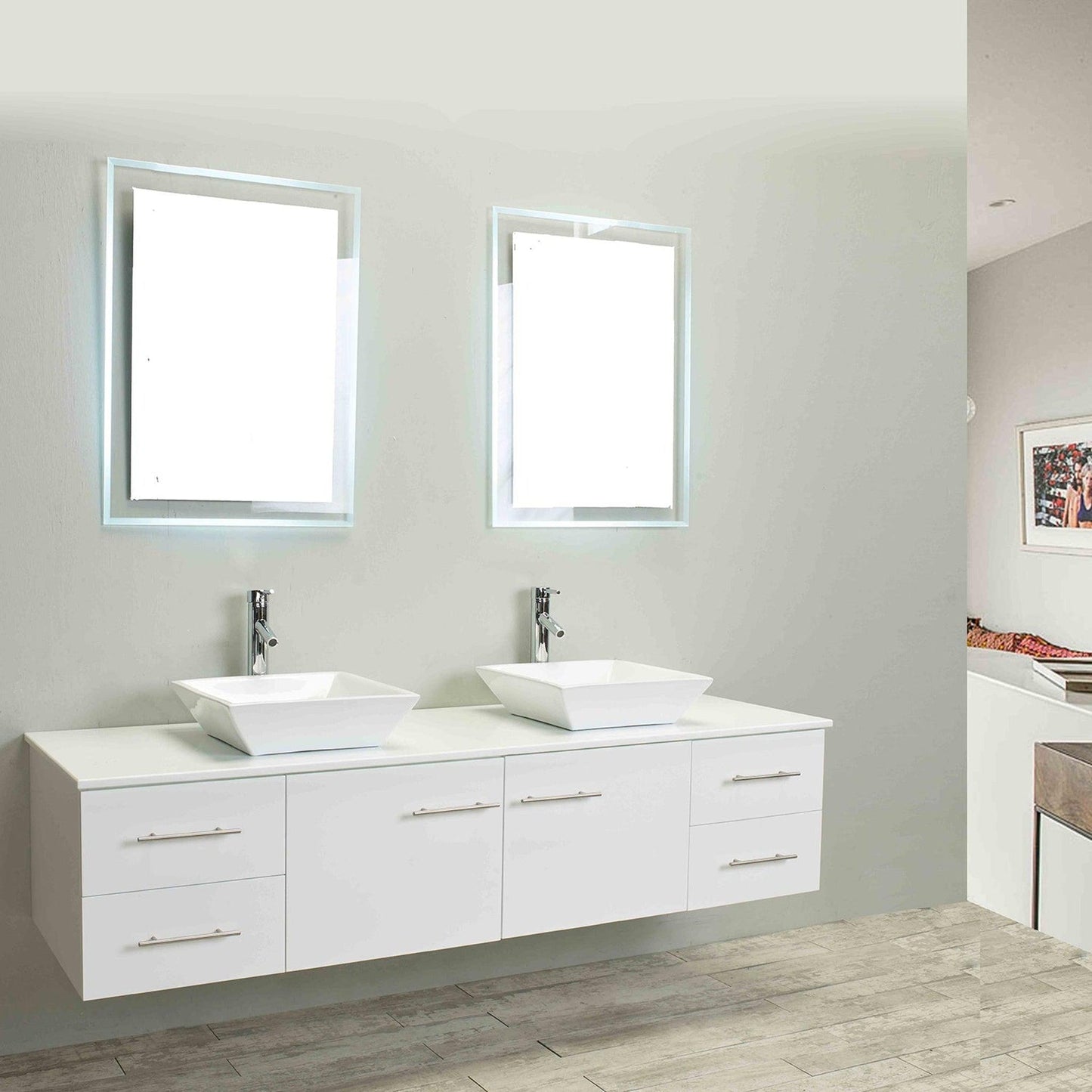 Eviva Totti Wave 60" x 16" White Wall-Mounted Bathroom Vanity With White Man-Made Stone Countertop and Double Porcelain Sink