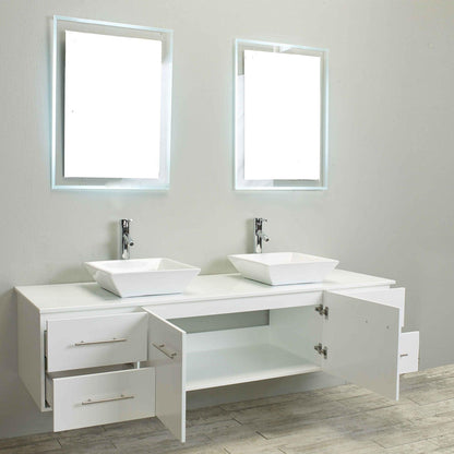 Eviva Totti Wave 60" x 16" White Wall-Mounted Bathroom Vanity With White Man-Made Stone Countertop and Double Porcelain Sink