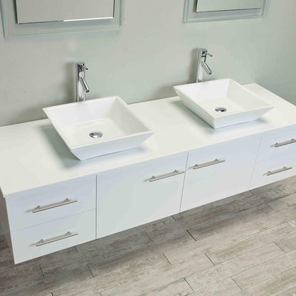 Eviva Totti Wave 60" x 16" White Wall-Mounted Bathroom Vanity With White Man-Made Stone Countertop and Double Porcelain Sink