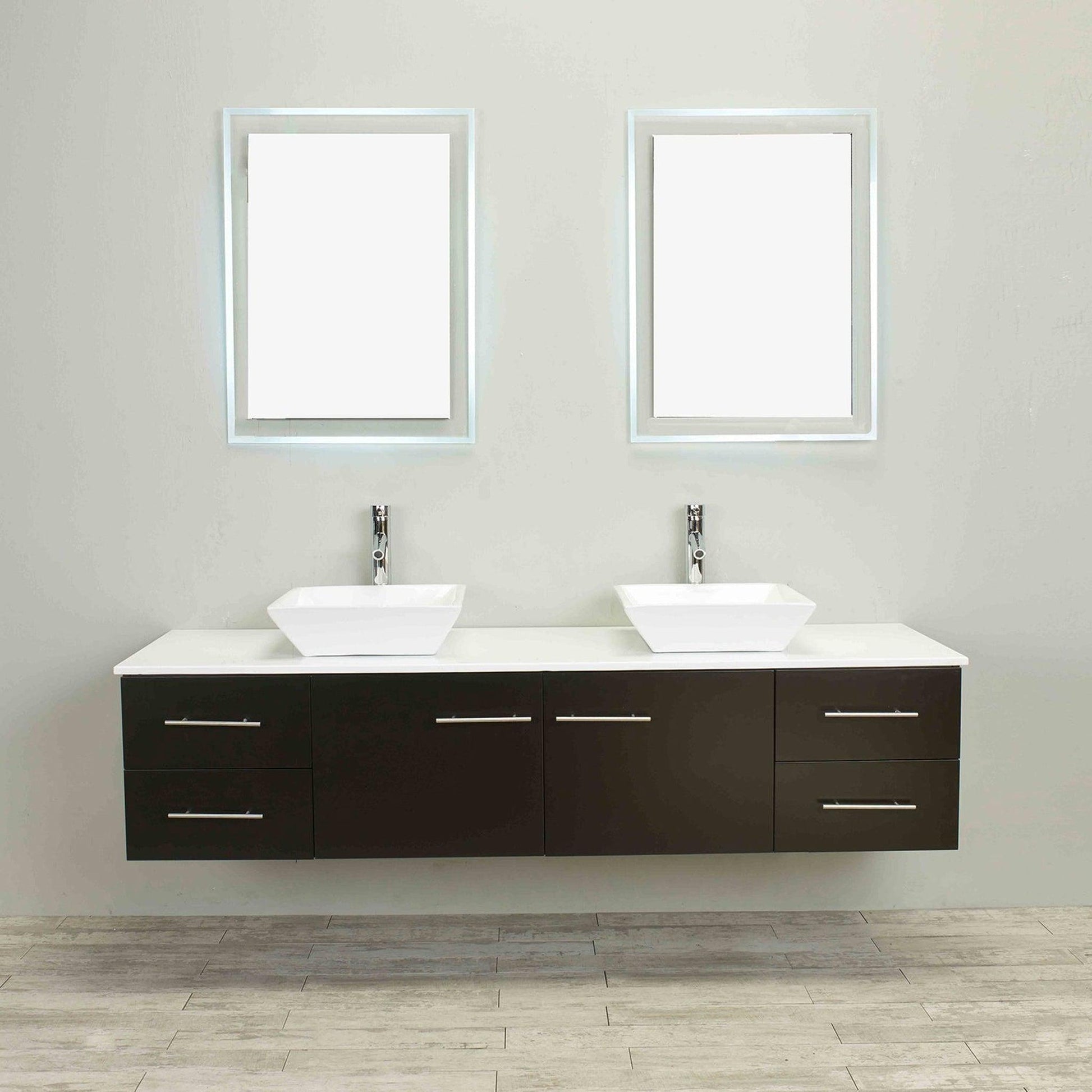 Eviva Totti Wave 72" x 16" Espresso Wall-Mounted Bathroom Vanity With White Man-Made Stone Countertop and Double Porcelain Sink