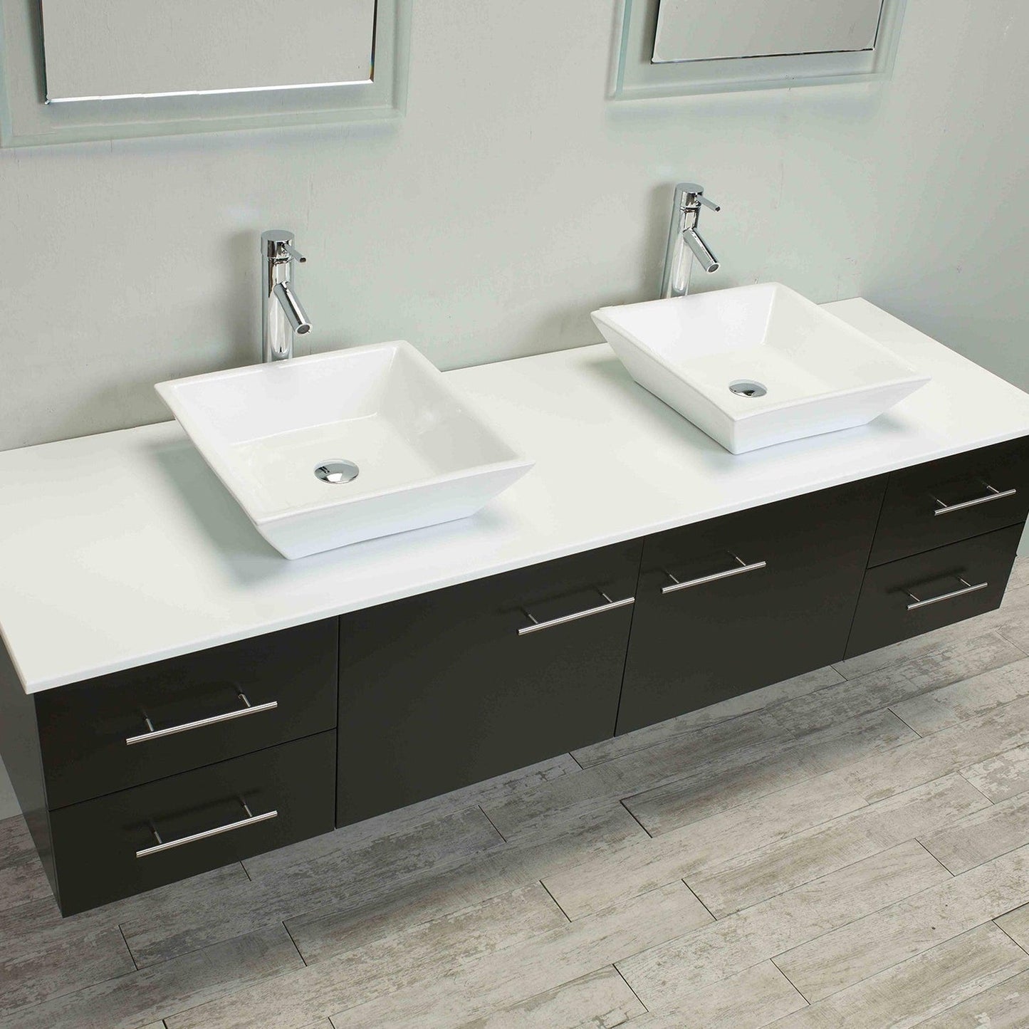 Eviva Totti Wave 72" x 16" Espresso Wall-Mounted Bathroom Vanity With White Man-Made Stone Countertop and Double Porcelain Sink