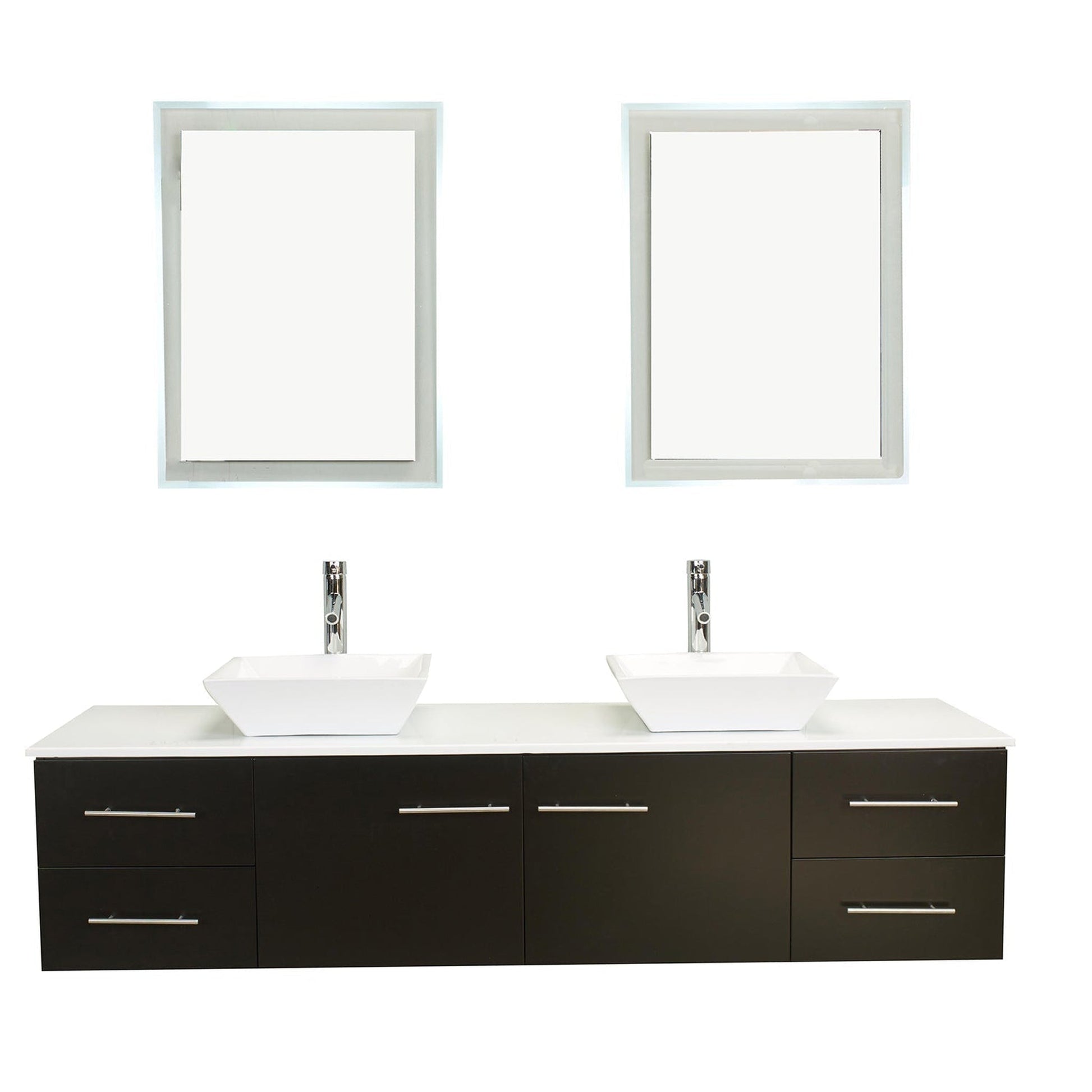 Eviva Totti Wave 72" x 16" Espresso Wall-Mounted Bathroom Vanity With White Man-Made Stone Countertop and Double Porcelain Sink