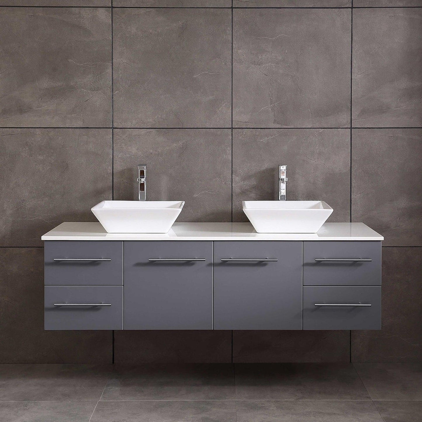 Eviva Totti Wave 72" x 16" Gray Wall-Mounted Bathroom Vanity With White Man-Made Stone Countertop and Double Porcelain Sink