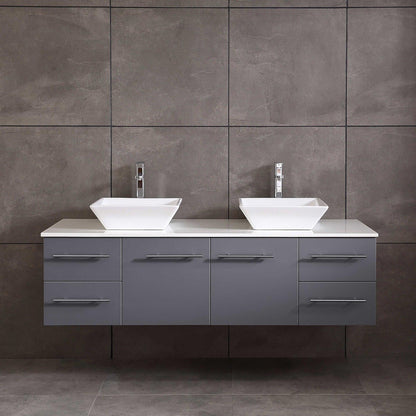 Eviva Totti Wave 72" x 16" Gray Wall-Mounted Bathroom Vanity With White Man-Made Stone Countertop and Double Porcelain Sink