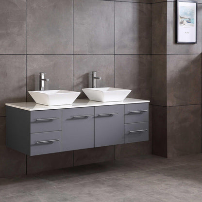 Eviva Totti Wave 72" x 16" Gray Wall-Mounted Bathroom Vanity With White Man-Made Stone Countertop and Double Porcelain Sink