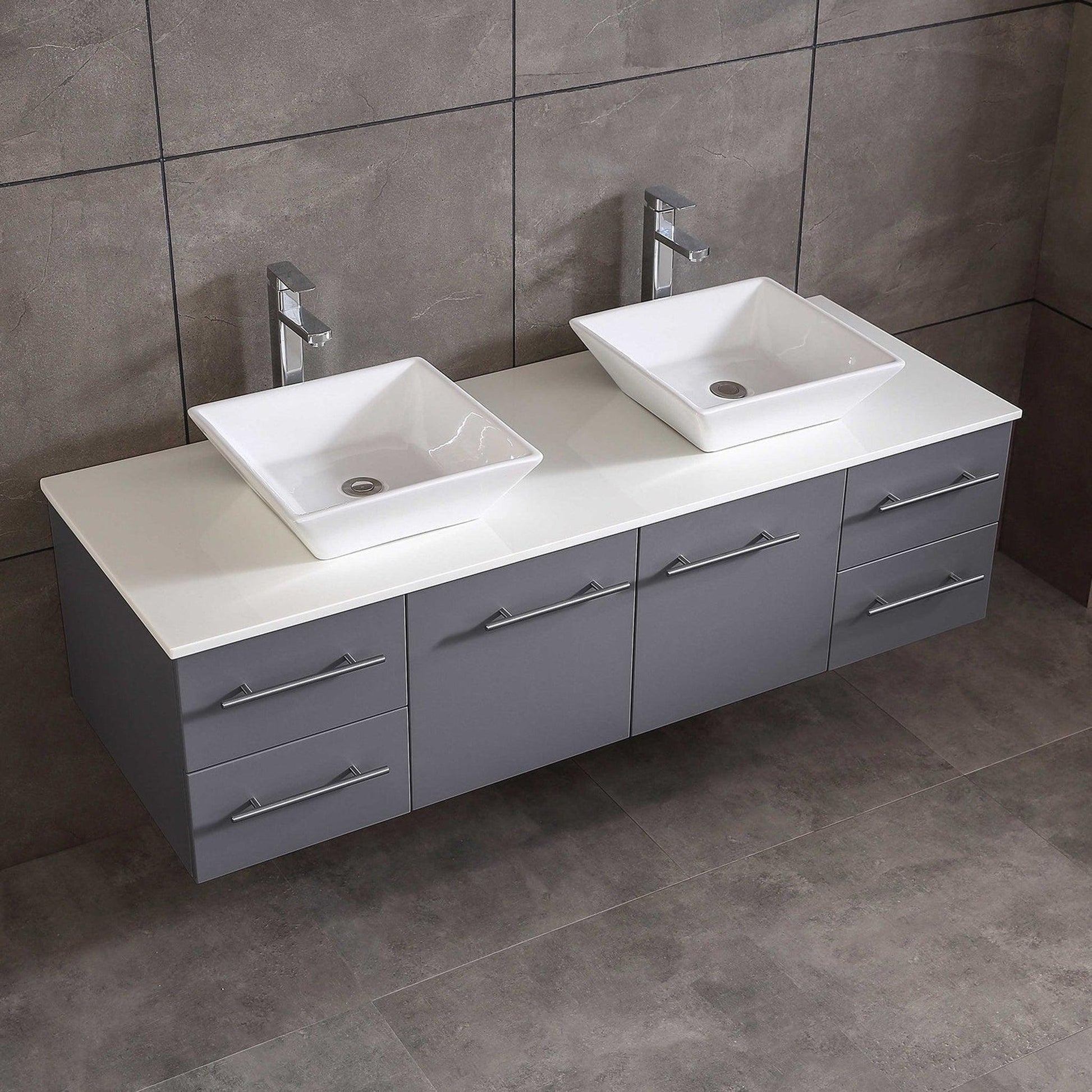 Eviva Totti Wave 72" x 16" Gray Wall-Mounted Bathroom Vanity With White Man-Made Stone Countertop and Double Porcelain Sink