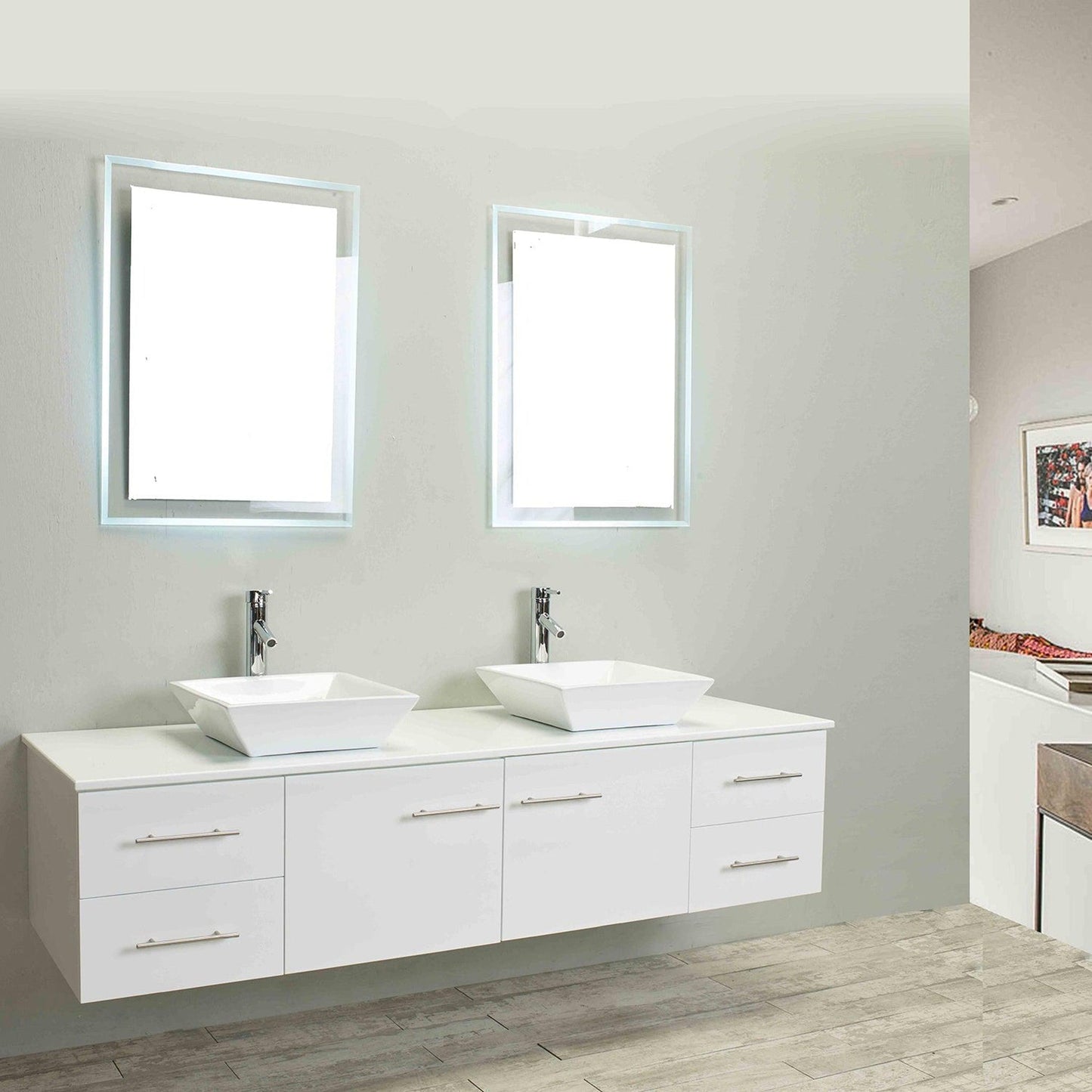 Eviva Totti Wave 72" x 16" White Wall-Mounted Bathroom Vanity With White Man-Made Stone Countertop and Double Porcelain Sink