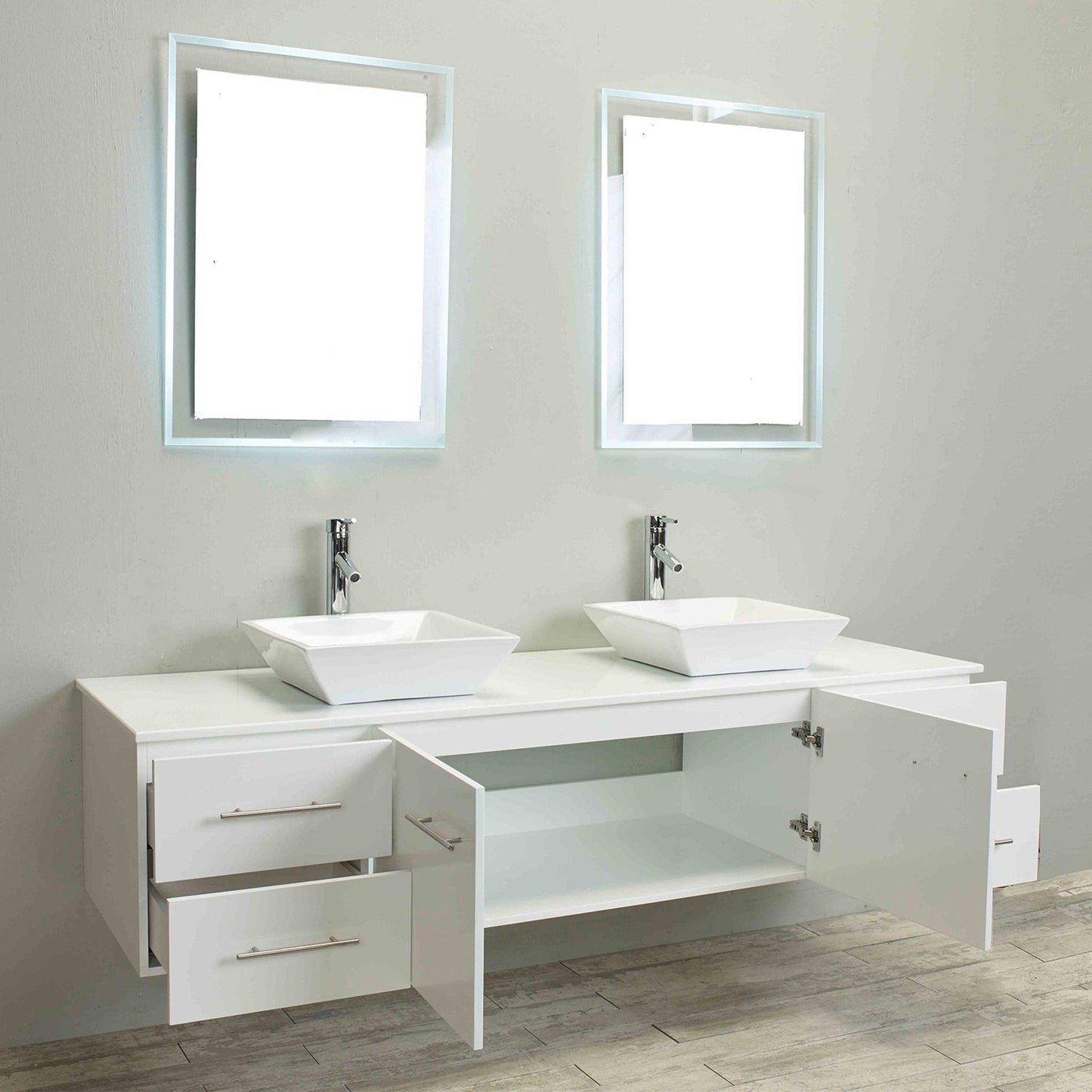 Eviva Totti Wave 72" x 16" White Wall-Mounted Bathroom Vanity With White Man-Made Stone Countertop and Double Porcelain Sink