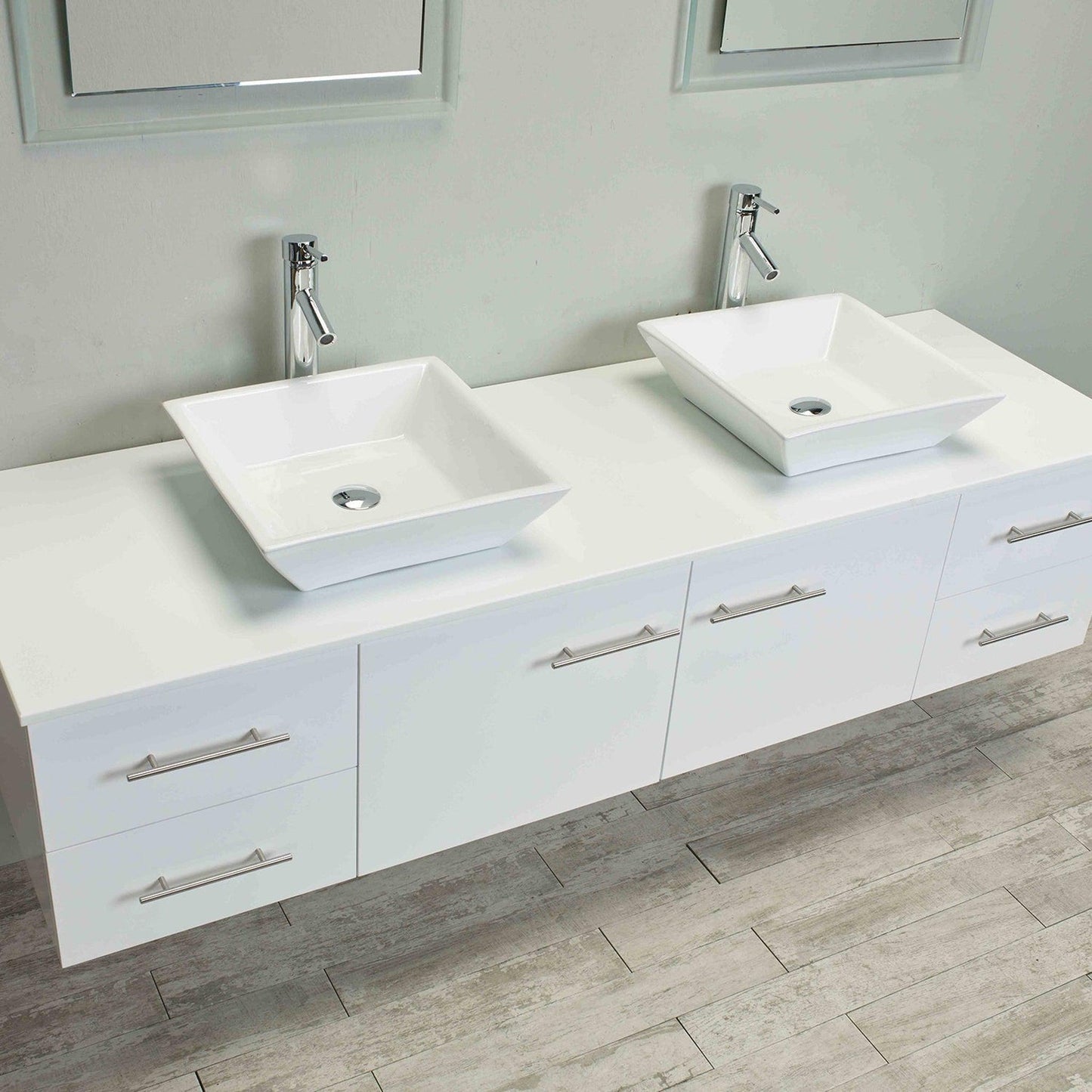 Eviva Totti Wave 72" x 16" White Wall-Mounted Bathroom Vanity With White Man-Made Stone Countertop and Double Porcelain Sink