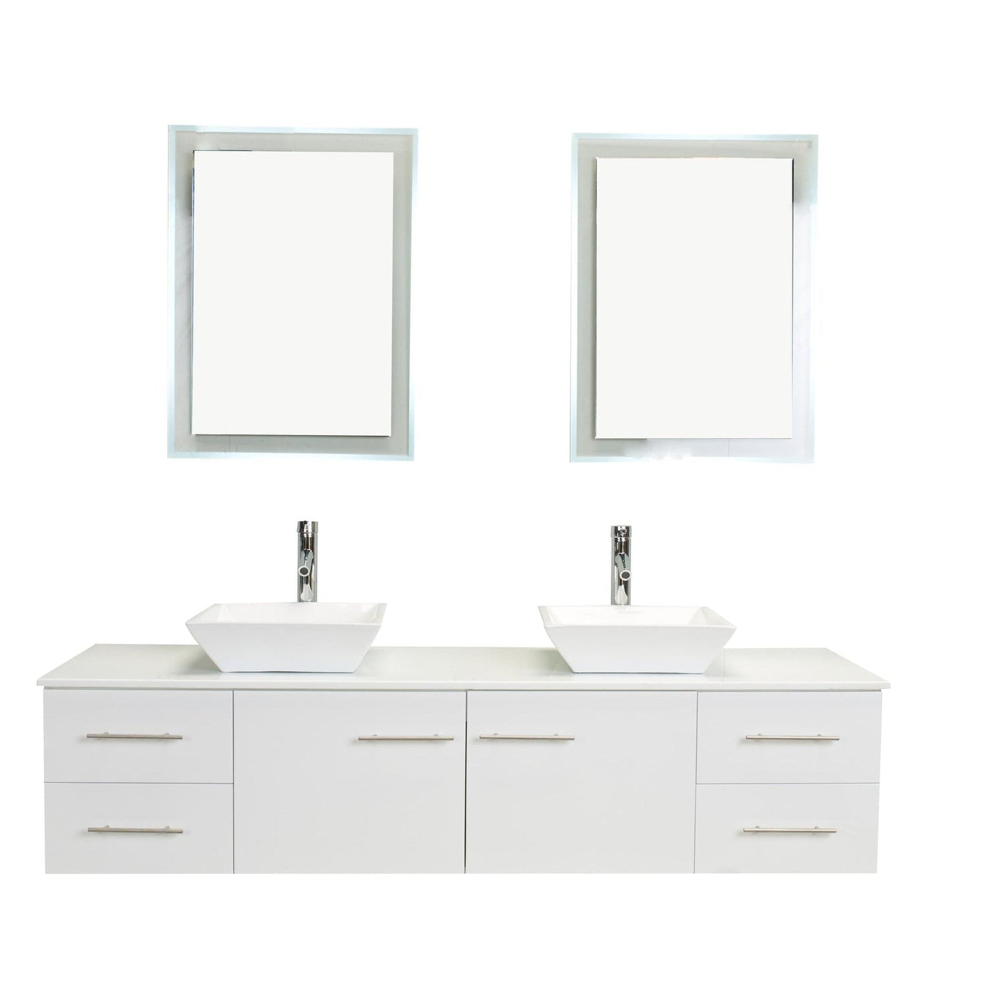 Eviva Totti Wave 72" x 16" White Wall-Mounted Bathroom Vanity With White Man-Made Stone Countertop and Double Porcelain Sink