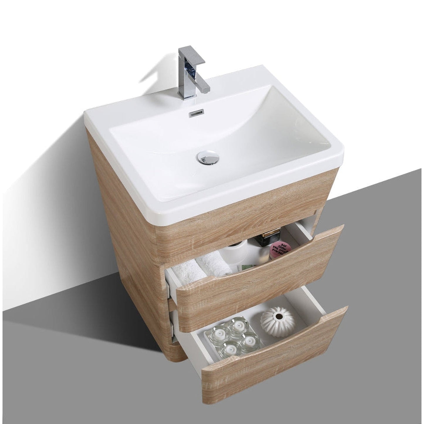 Eviva Victoria 25" x 34" White Oak Freestanding Bathroom Vanity With White Integrated Acrylic Sink