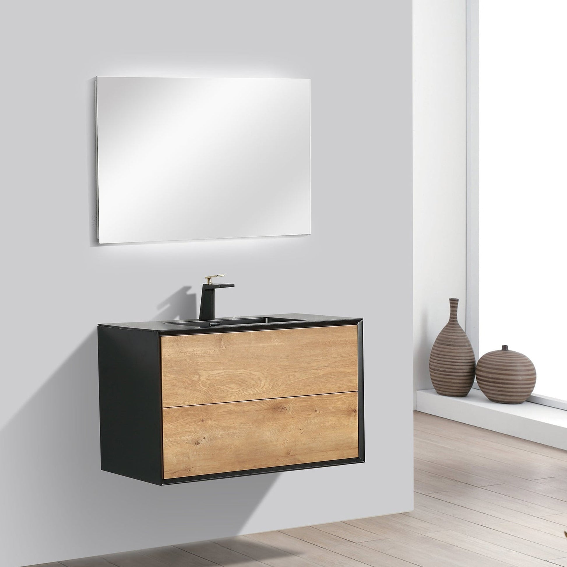 Eviva Vienna 36" x 22" Oak Black Wall-Mounted Bathroom Vanity With White Single Integrated Sink