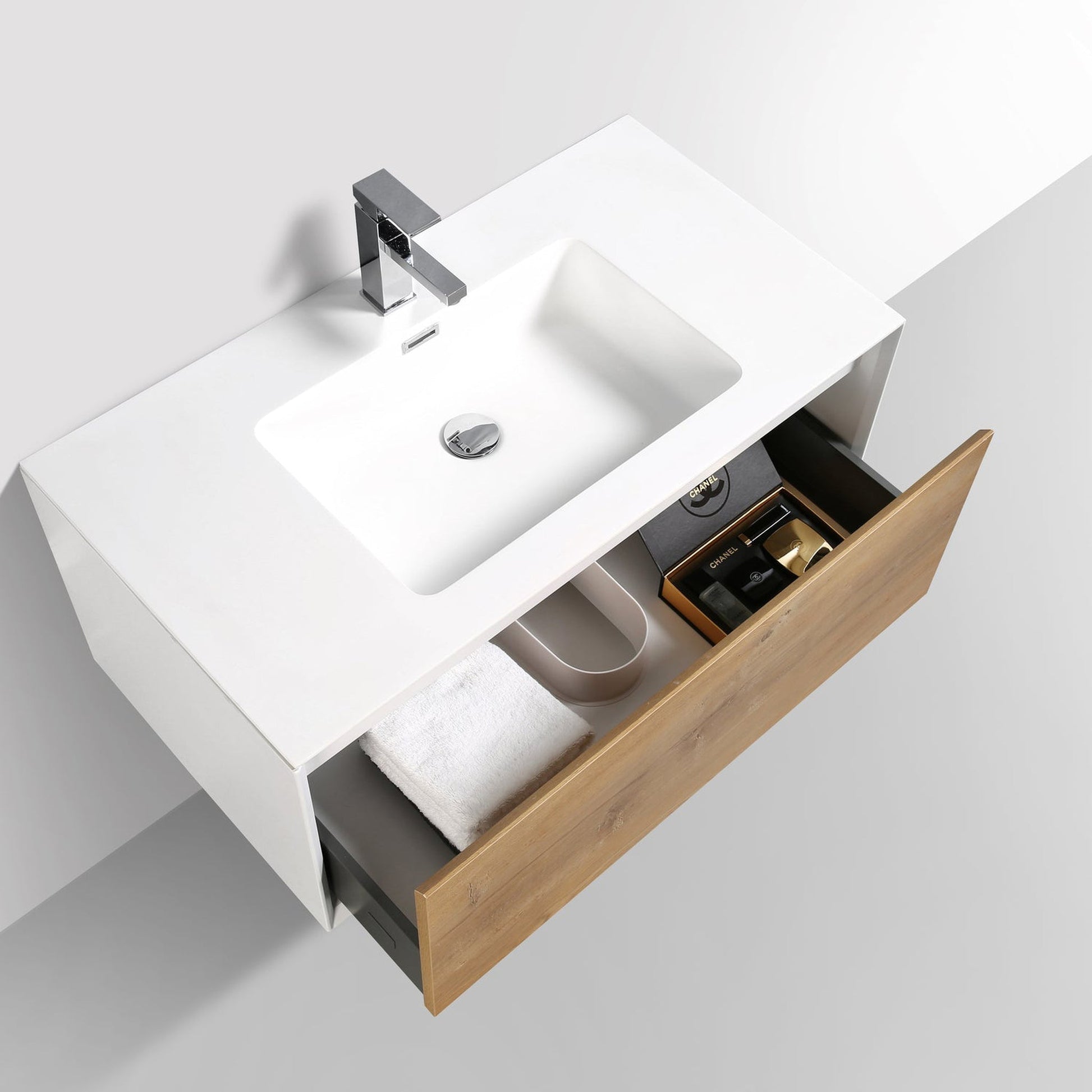 Eviva Vienna 75 Wall Mount Double Sink Bathroom Vanity with Black Integrated Acrylic Top, White Oak